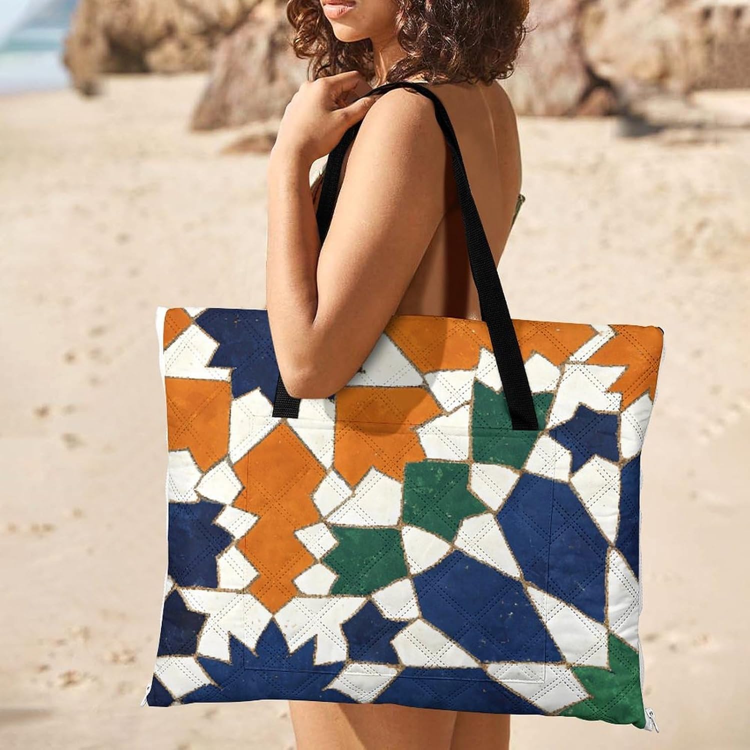 Starburst Geometry Picnic Blanket with Zipper Water Resistant Sand Free Picnic Mat Washable Foldable Easy Carry Beach Blanket for Lawn Beach Hiking Camping