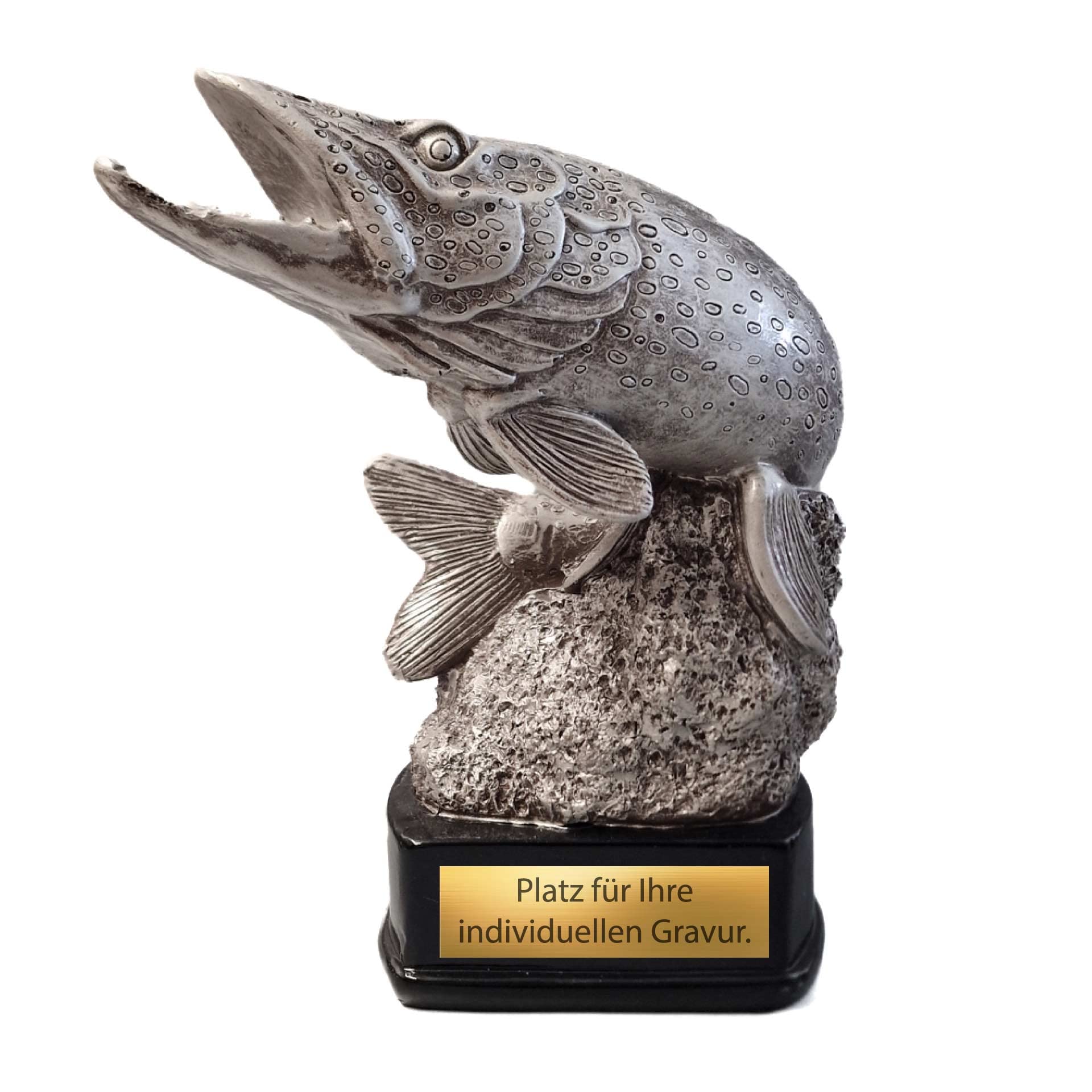 20 cm Angler Pokal mit Wunschtext - Hecht Raubfisch Trophaee in Silber