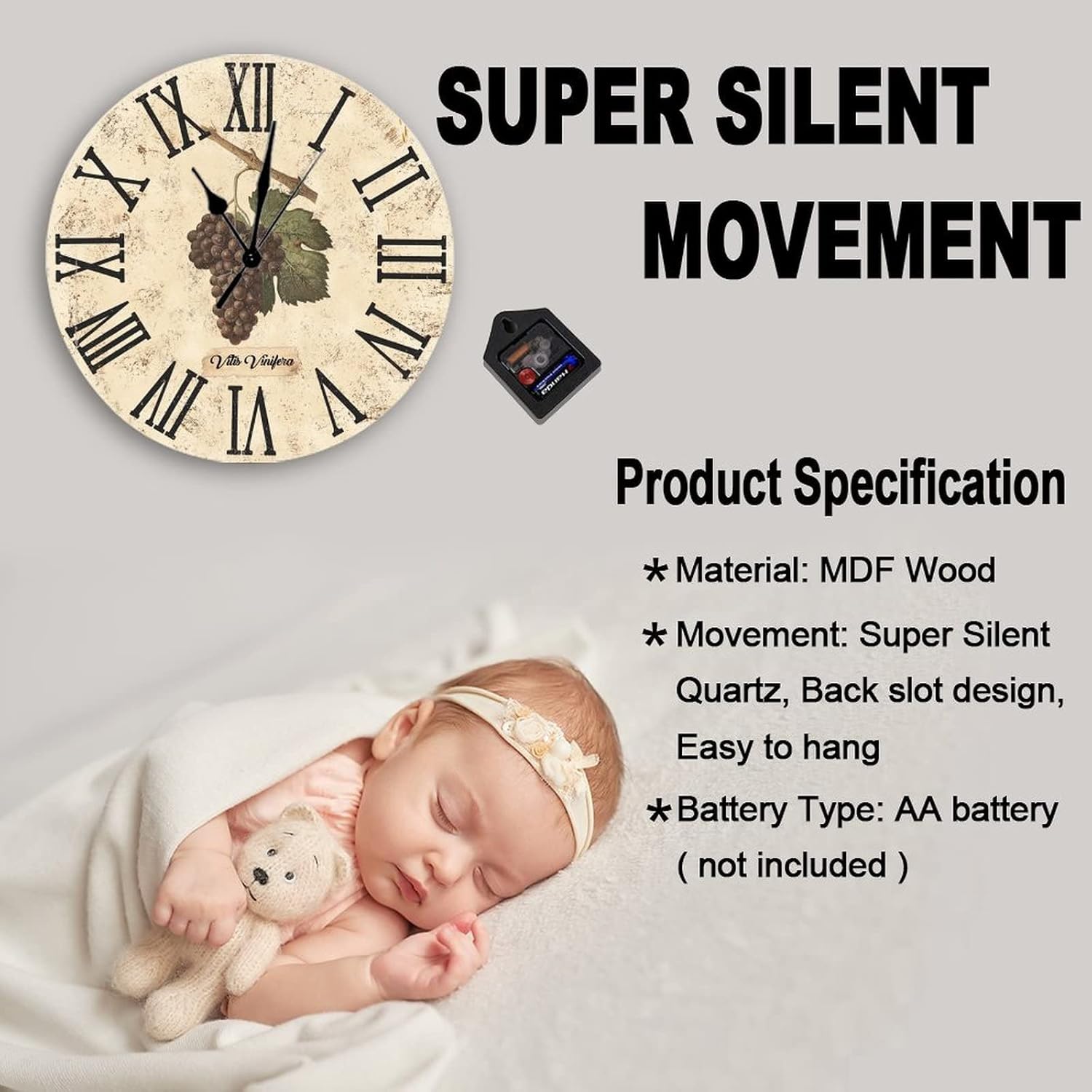 Grape Wall Clock French Country Kitchen Clock Grape Farm 12 Inch Wall Clocks Battery Operated Silent Roman Numerals Easy to Read Rustic Wall Decor Home Decor for Bedroom Living Room Office