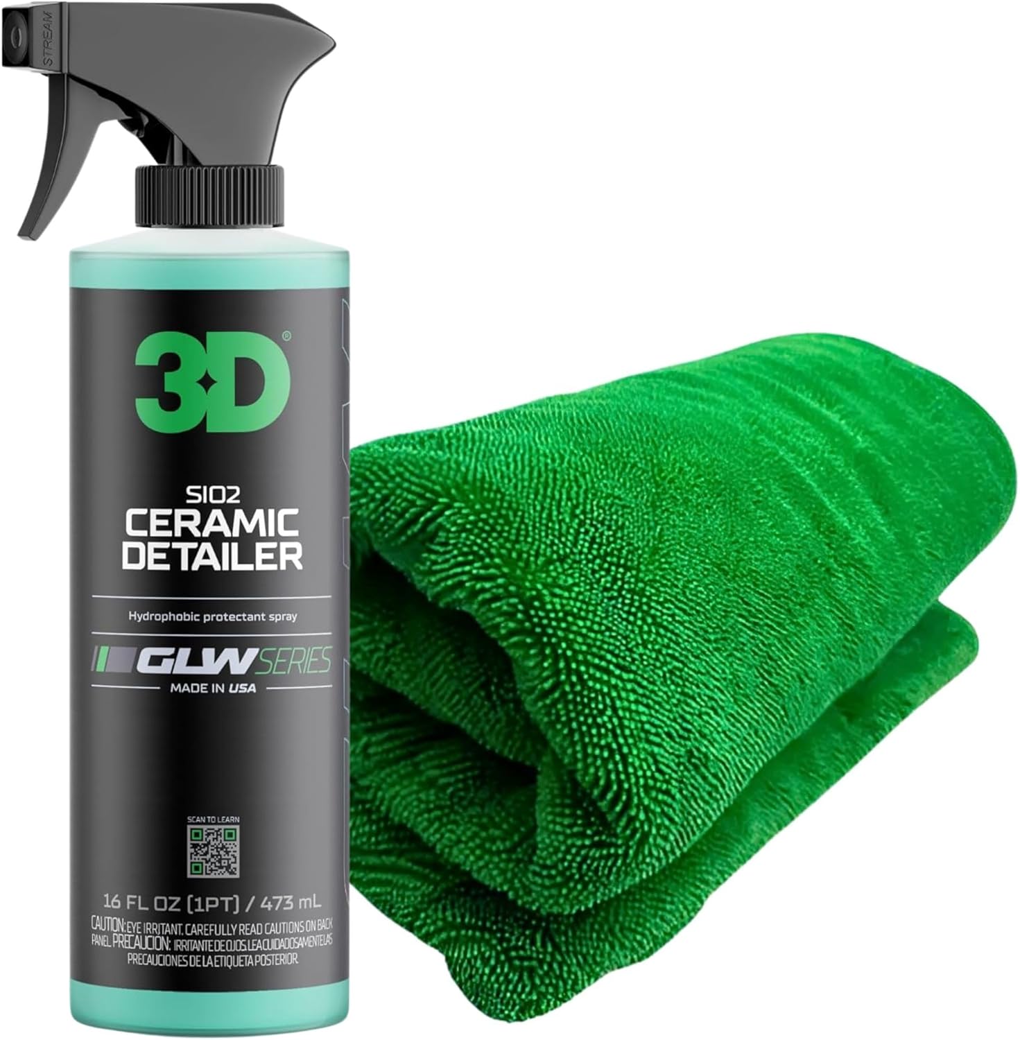 3D GLW Ceramic Detailer Spray + Hydro-FIL XL Microfiber Towel (Green) – SiO2 Gloss Booster & High-Absorbency Drying Cloth