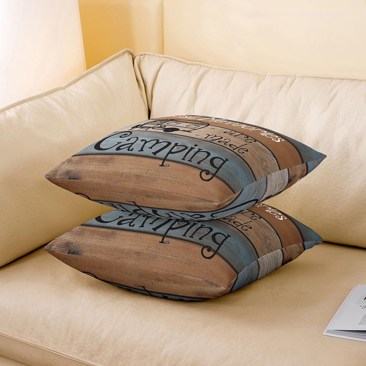 Set of 2 Rustic Farmhouse Throw Pillow Covers 22x22 Inch, Camper Cabin Pillow Covers, Happy Camping Decorative Square Pillow Cases for Indoor Outdoor, Brown Grey Blue Old Barn Door Cushion Covers