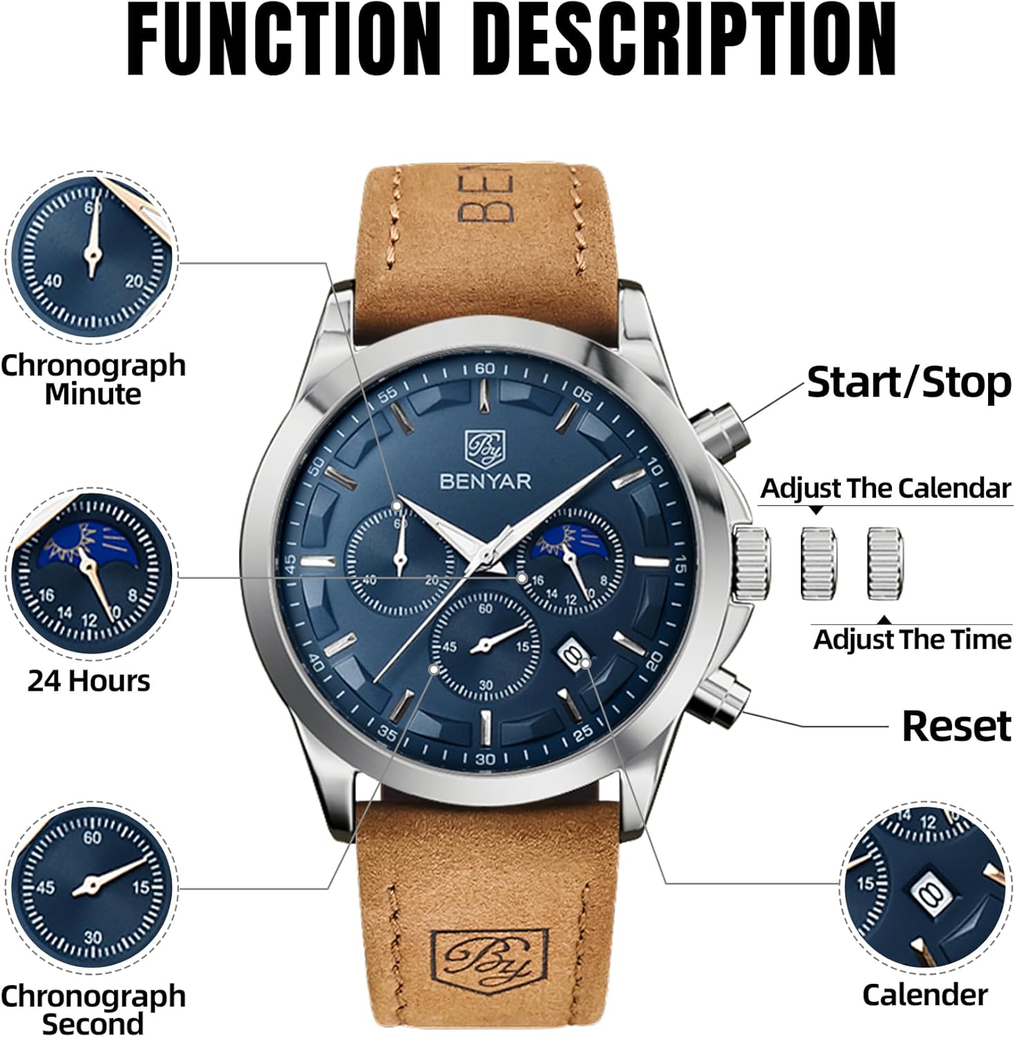 BENYAR Mens Watch Analog Quartz Movement Chronograph Stylish Casual Wristwatch with Stainless Steel Bracelets Waterproof Luminous Date Watches Elegant Gift for Men - Image 6