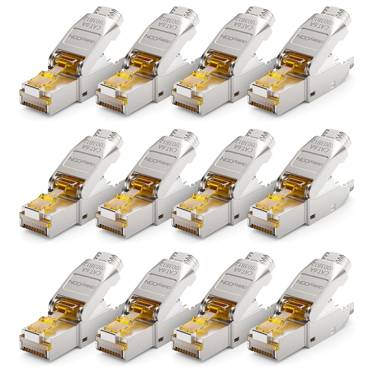 deleyCON 12x CAT 6a Connettore di Rete RJ45 a Sgancio Rapido con Schermatura 10 Gbit/s Spina di Rete per la Posa Rigidi di Cavi Grezzi Connettore RJ45 Ethernet LAN Cavo Patch DSL