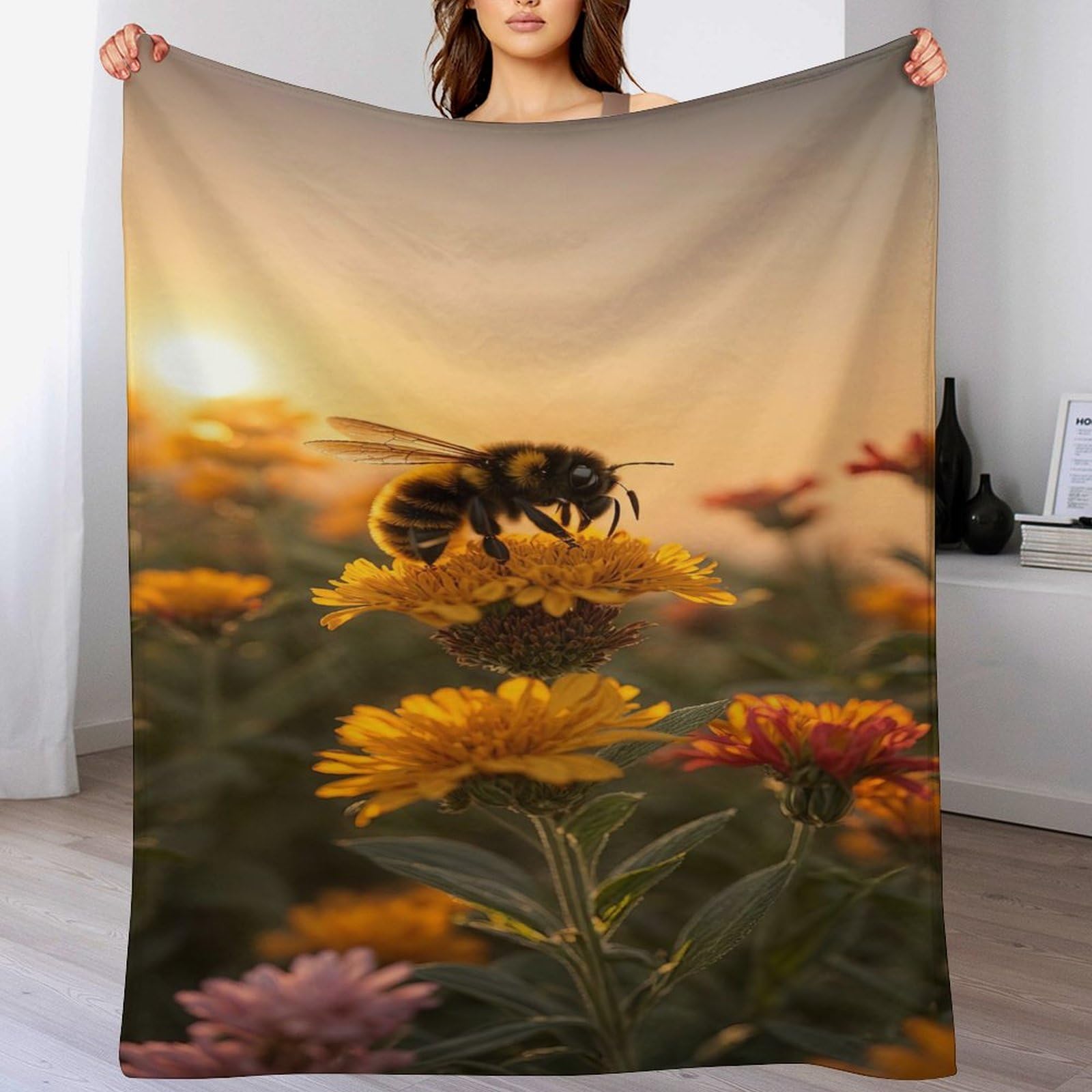 Couverture motif abeille en polaire de flannel douce pour lit et canapé de 150x200cm