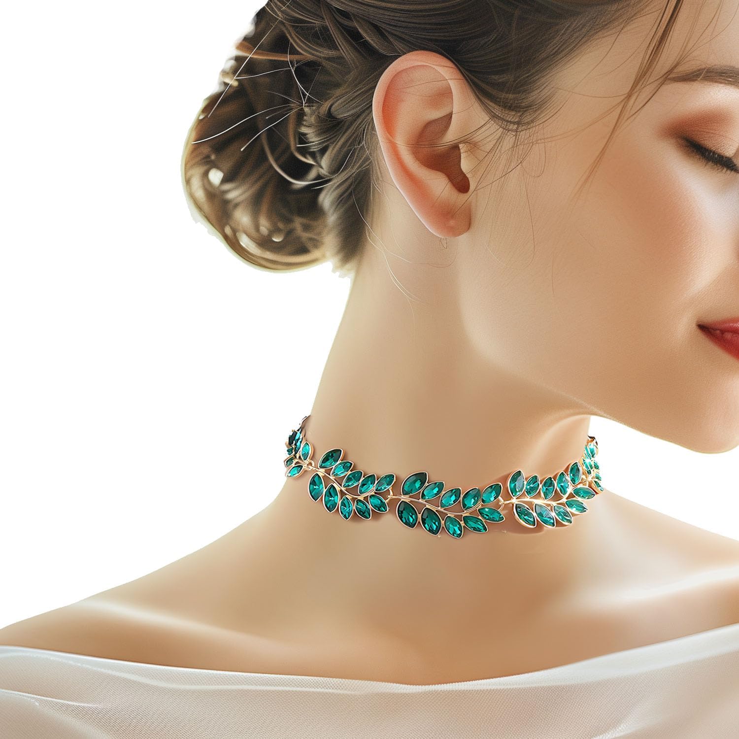 Women Green Gold Leaf with Rhinestones Vintage Choker Necklace Fashionable Legant Collarbone Chain Wedding Bridesmaid Outdoor Party