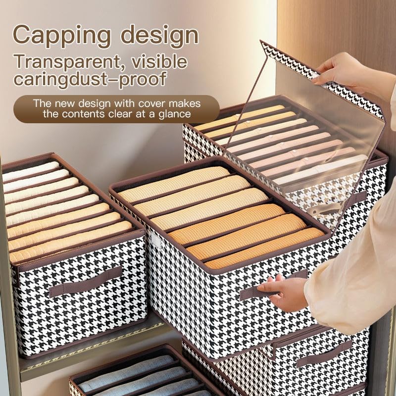 Image of Handcuffs Wardrobe Clothes Organizer Box with Transparent Lid, Foldable Cloth Storage Organizer for Almirah, Closet & Cupboard, Brown