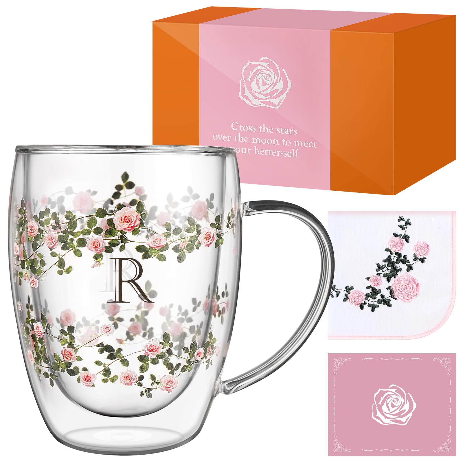 Coffee Cup, Birthday Gift, Women's, Double Wall Glass, "Eden Rose", Personalized Initial, Heat Insulated, With Handle, Stylish Floral Pattern, Hand Towel Included, Message Card, Cosmetic Box, Mother's