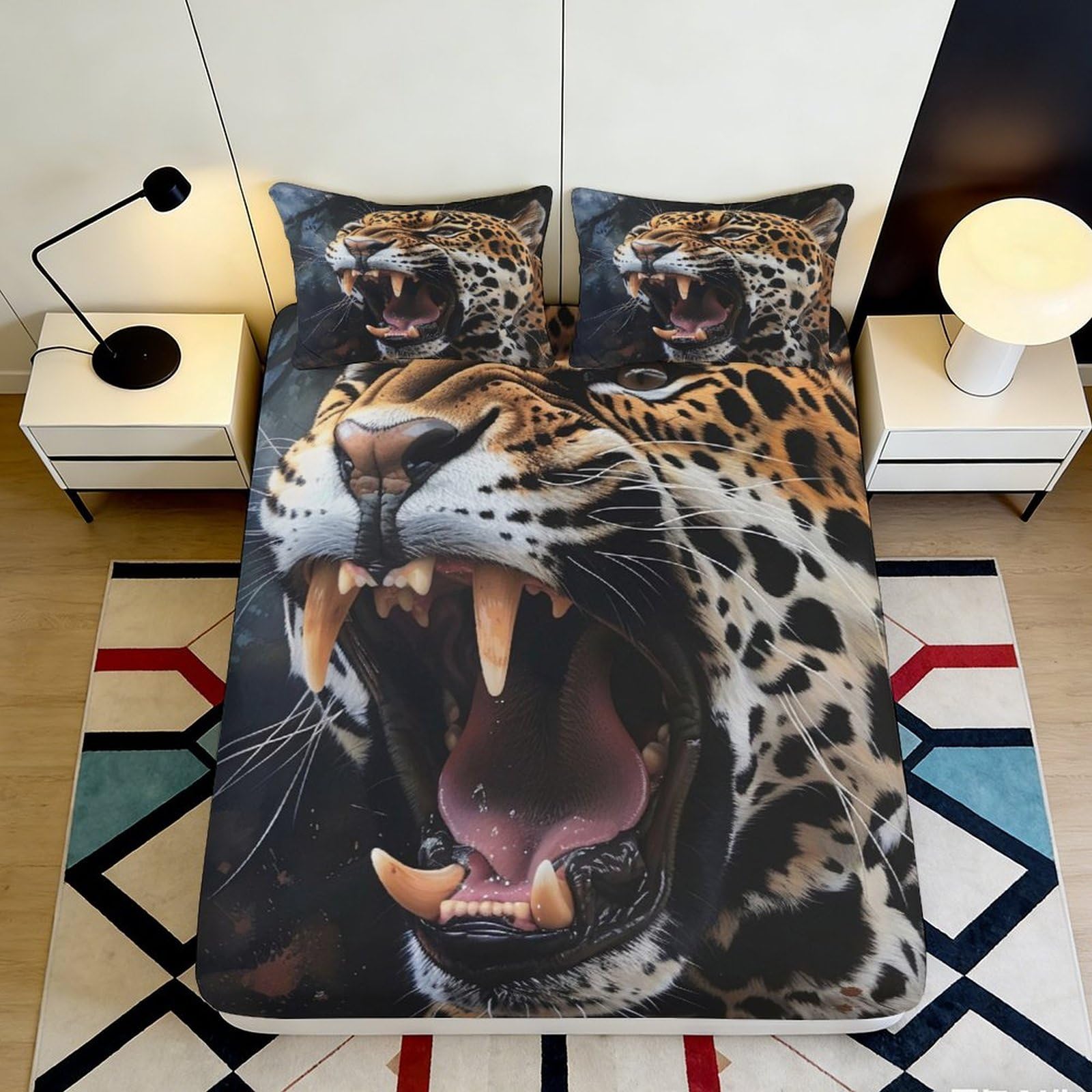 3D Printed Leopard Fitted Sheet Microfiber Deep Pocket Non-Slip Leopard Mattress Fitted Cover Bedroom Bedding Full Wrap 160x200x25cm