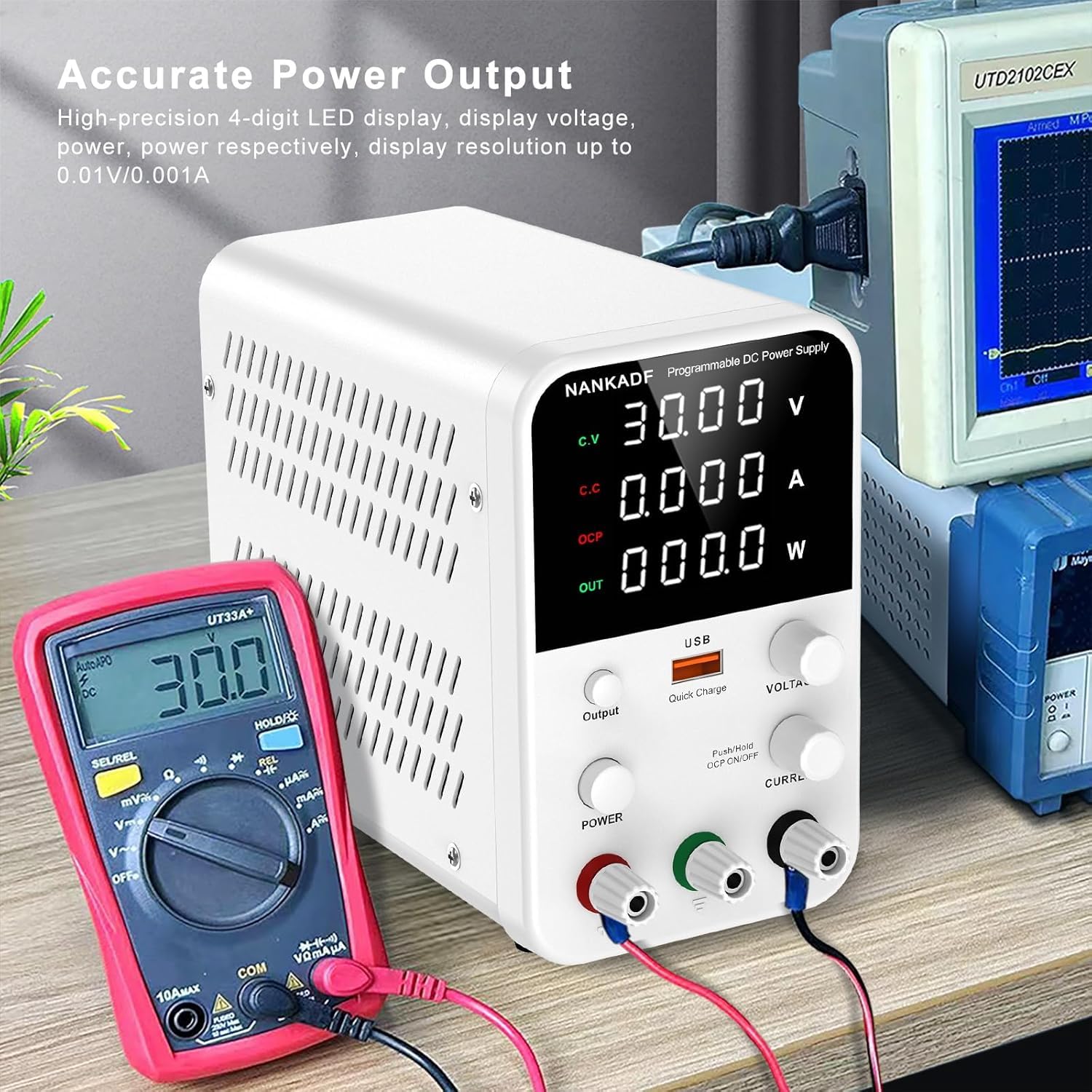 Fuente de Alimentación Ajustable de Banco (30V/10A), Fuente de Alimentación de conmutación de CC, Fuente de Alimentación de Laboratorio Regulada por codificador con Interfaz de Carga rápida USB