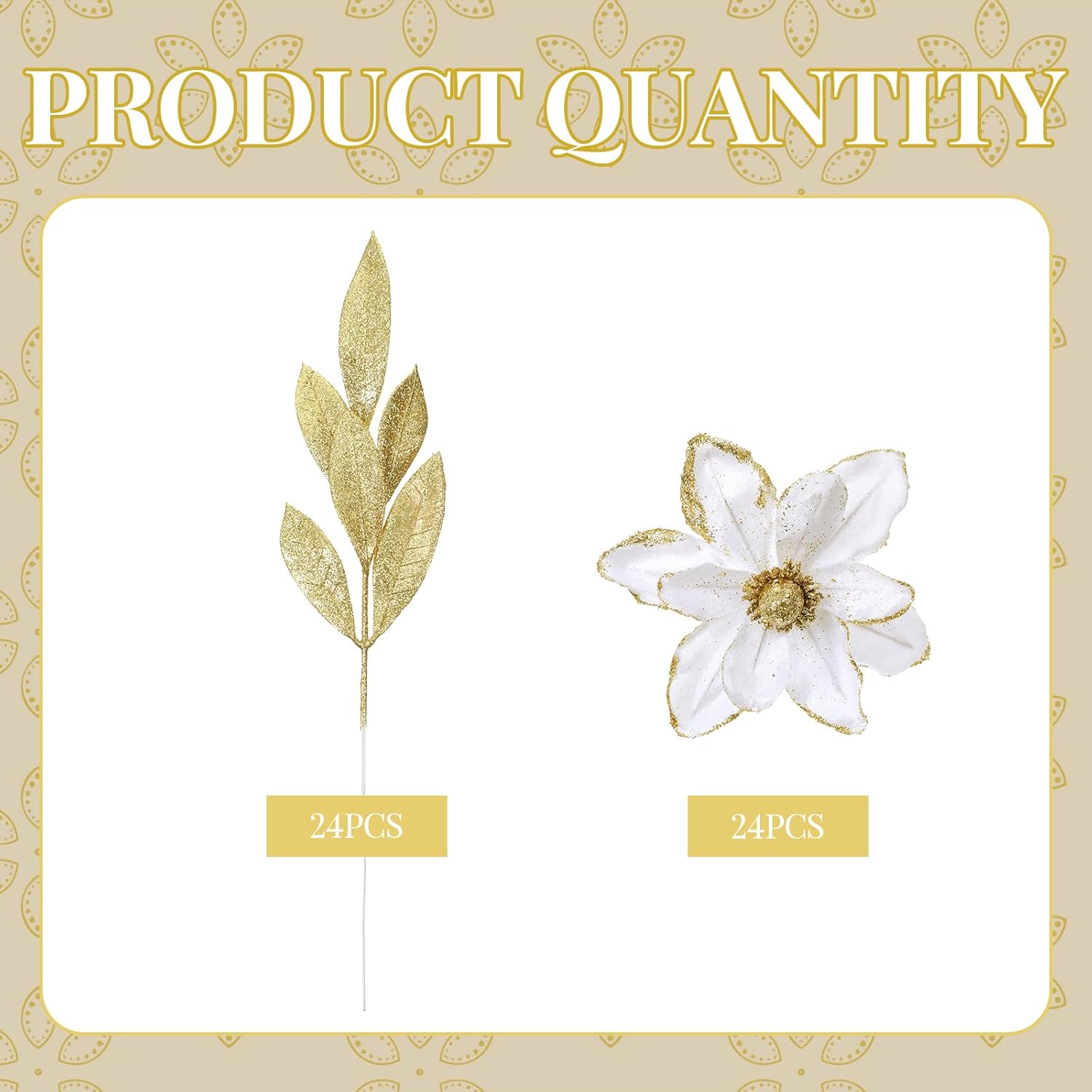 Norme ゴールドグリッター 人工葉 フラワーピック クリスマスツリーの枝とスプレー 24個 ホワイト トリプル フェイクフラワー