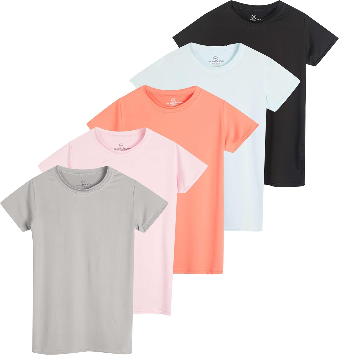 Real Essentials 5 Pack: Girls Short Sleeve Dry-Fit Crew Neck Active Athletic Performance T-Shirt X-Large Set 4