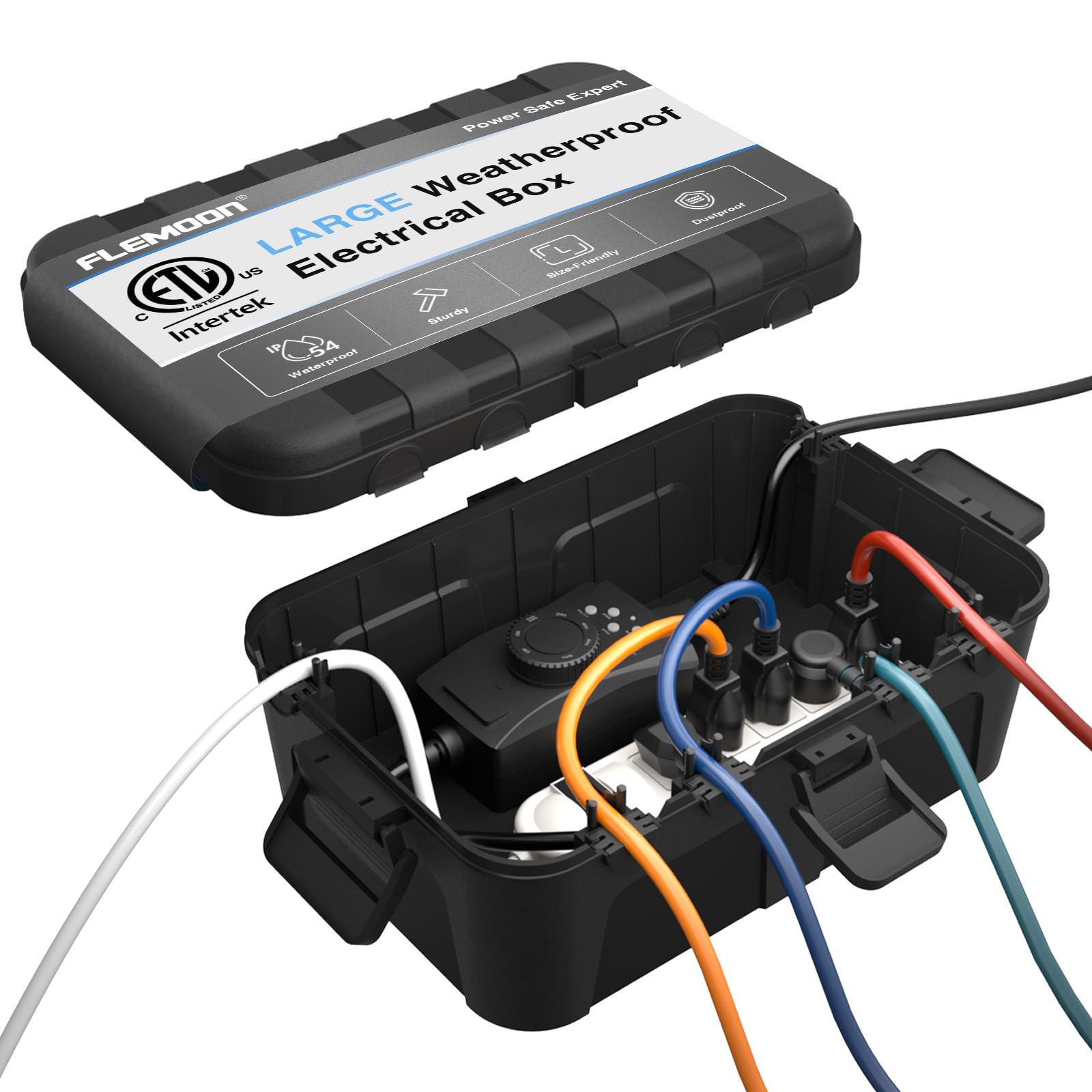 Flemoon Large Outdoor Electric Box (31.8 x 21.6 x 12.7 cm), IP54 Waterproof Outdoor Extension Cable Cover, Weatherproof, Protects Socket, Holiday Light Decoration, Black