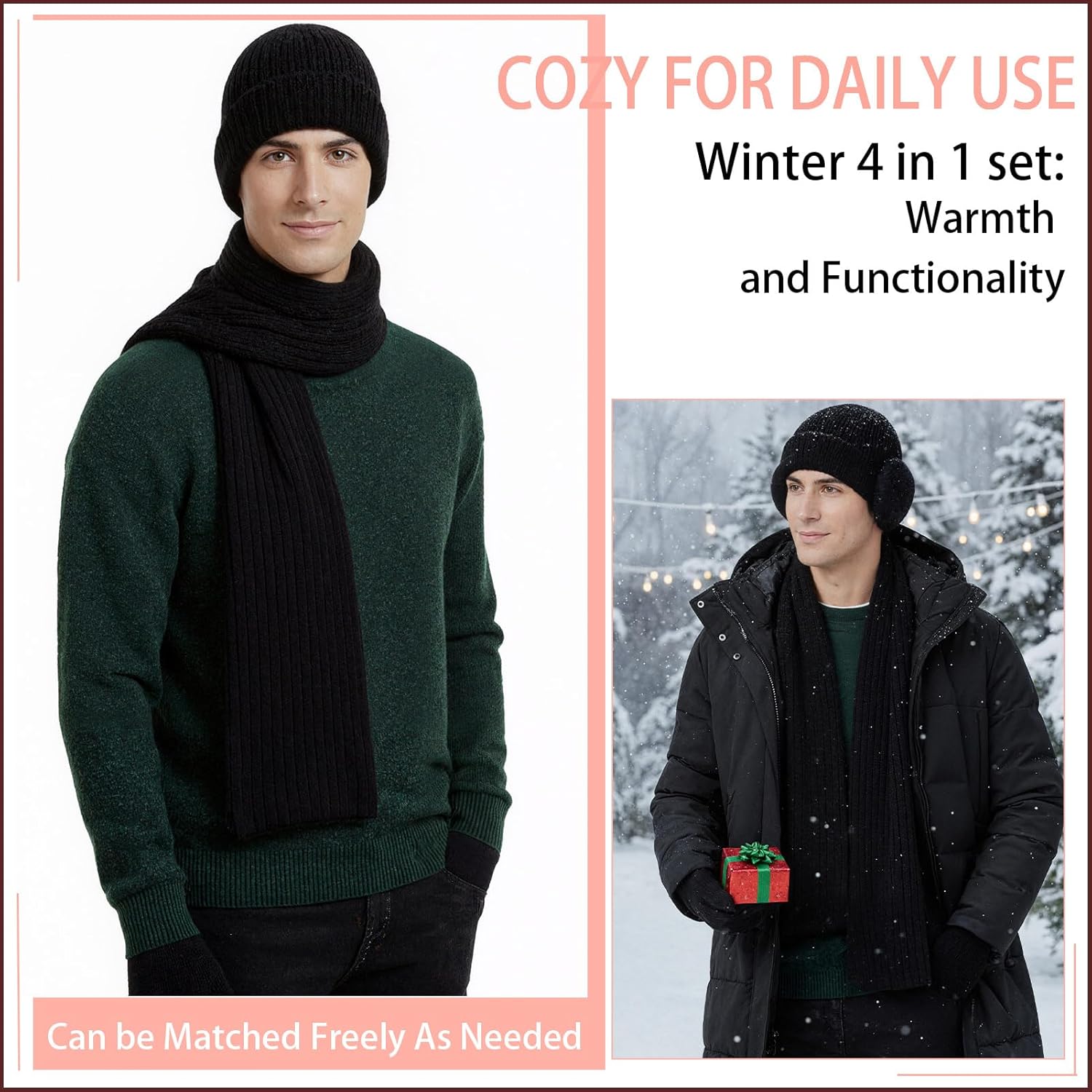 Winter Hat Scarf Gloves and Ear Warmer Set, Warm Beanie Knit Long Scarf Touchscreen Gloves Set Gifts for Women and Men - Image 4