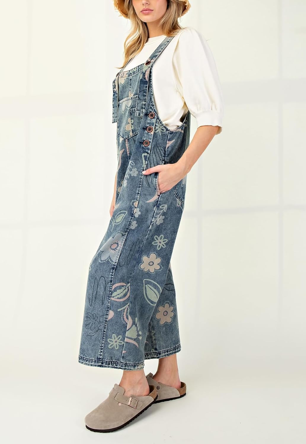 chouyatou Women 2025 Baggy Floral Denim Bib Overalls Jeans Casual Distressed Wide Leg Overall Jumptuis - Image 4