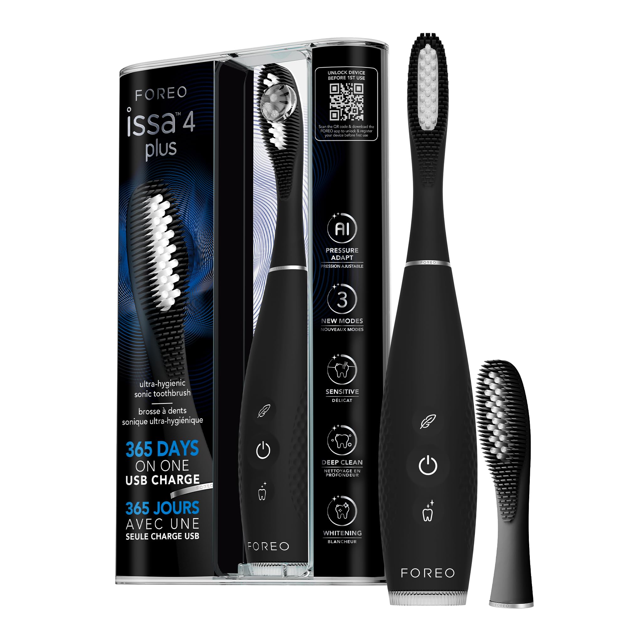 FOREO ISSA 4 Plus Sonic Electric Toothbrush - 4-in-1 AI-Guided Rechargeable Toothbrush Bundle with Extra Silicone & Polymer Hybrid Brush Head, Soft Bristles, Whitening Teeth - Black