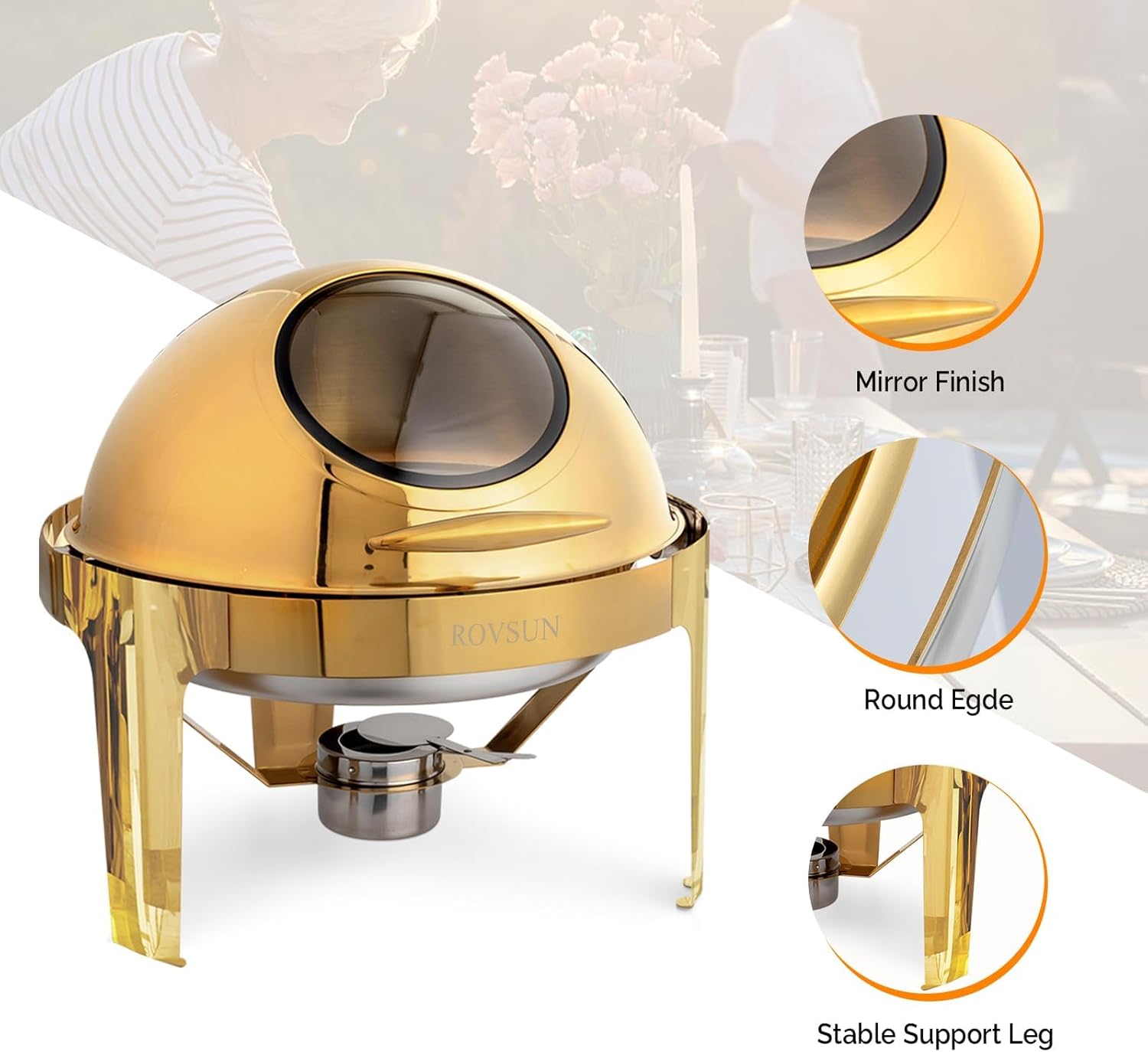 6.34QT Round Chafing Dish Buffet Set, Roll Top Stainless Steel Food Warmer Chafers and Buffet Warmers Sets with Thick Frame for Catering Events Parties Weddings Dinners,Gold