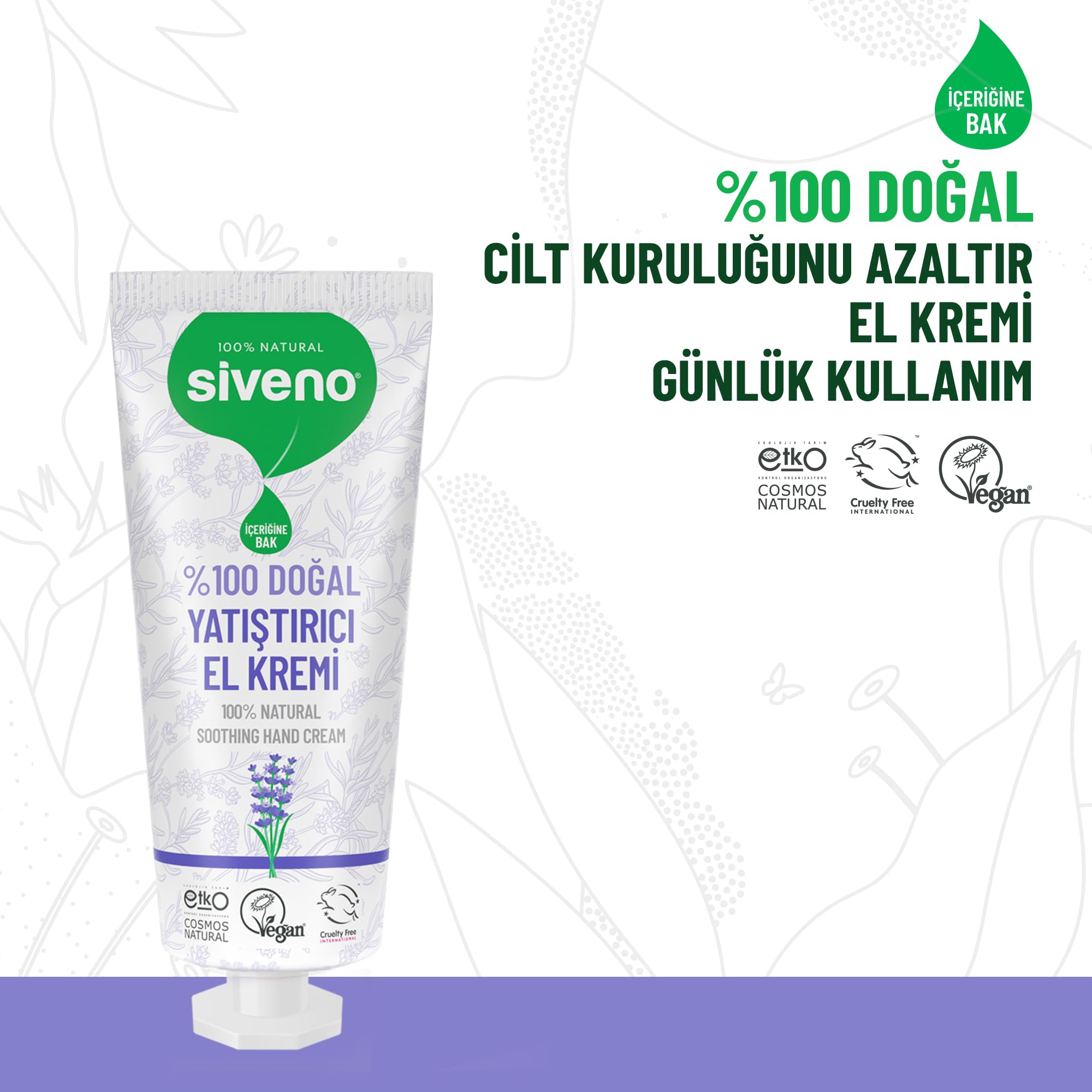 Siveno%100 Doğal El ve Vücut Kremi Lavanta Cilt Yatıştırıcı Onarıcı Yoğun Nemlendirici Vegan 30 ml