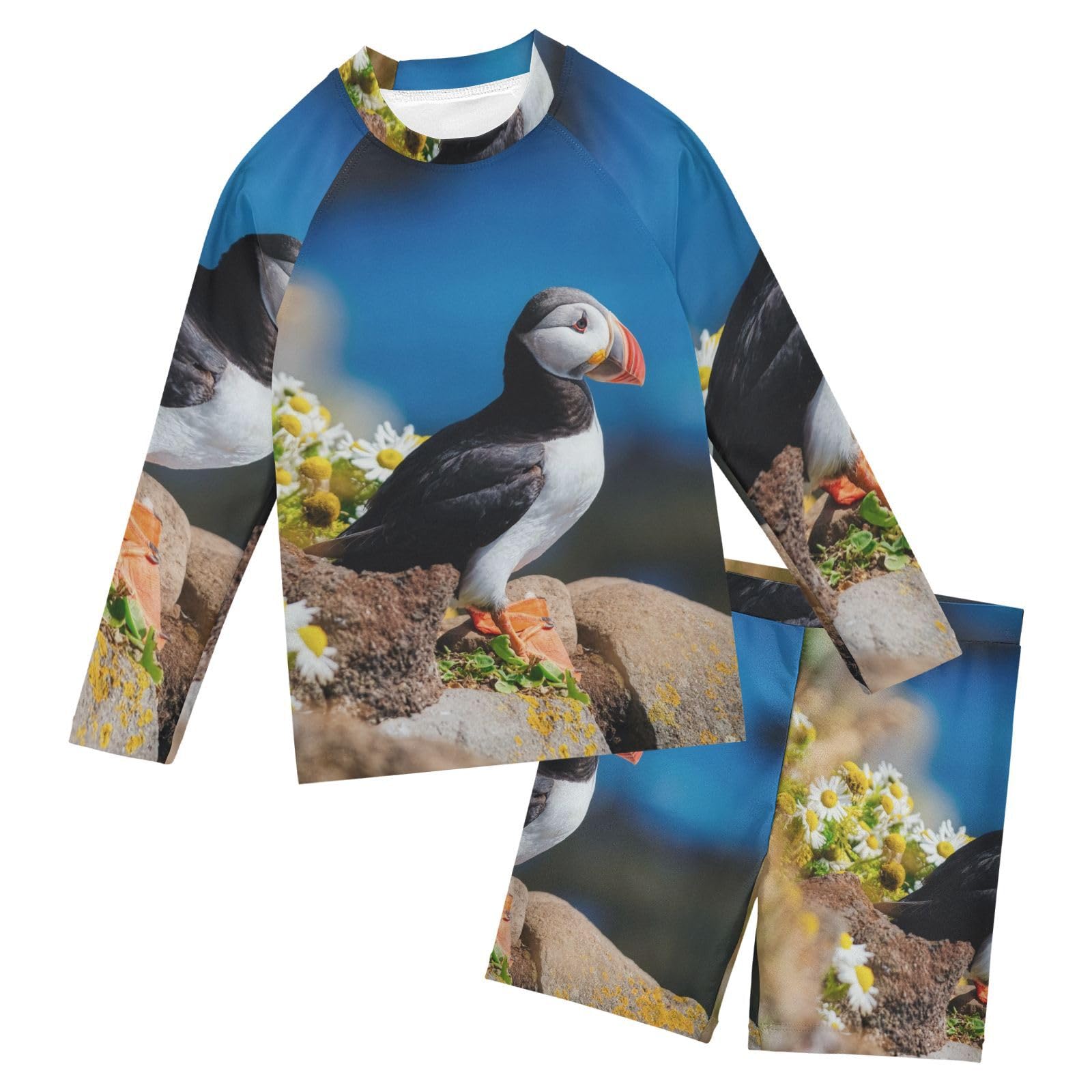 Aflyko Boys' Rash Guard Set Puffin Seabird Crewneck Swim Shirt with Jammer Stretchy Beach Shorts Comfortable Fit Summer Daily Wear, 7-8T Multicoloured