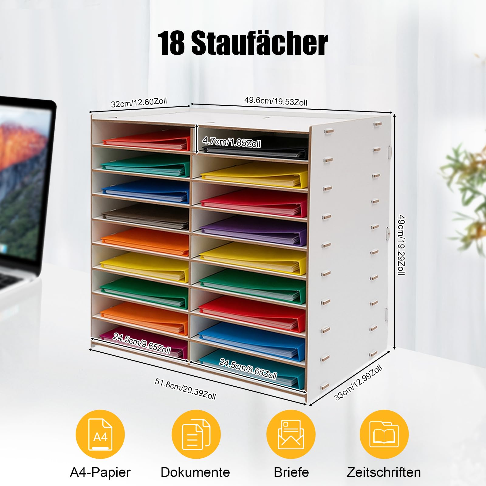 Dokumentenablage Holz 9 Schichten Ablagesystem für Büro 18 Ablagefächer für A4 Ordner Schreibtisch Organizer für Büro, Arbeitszimmer, Schule 51.8 x 33 x 49 cm (Weiß)