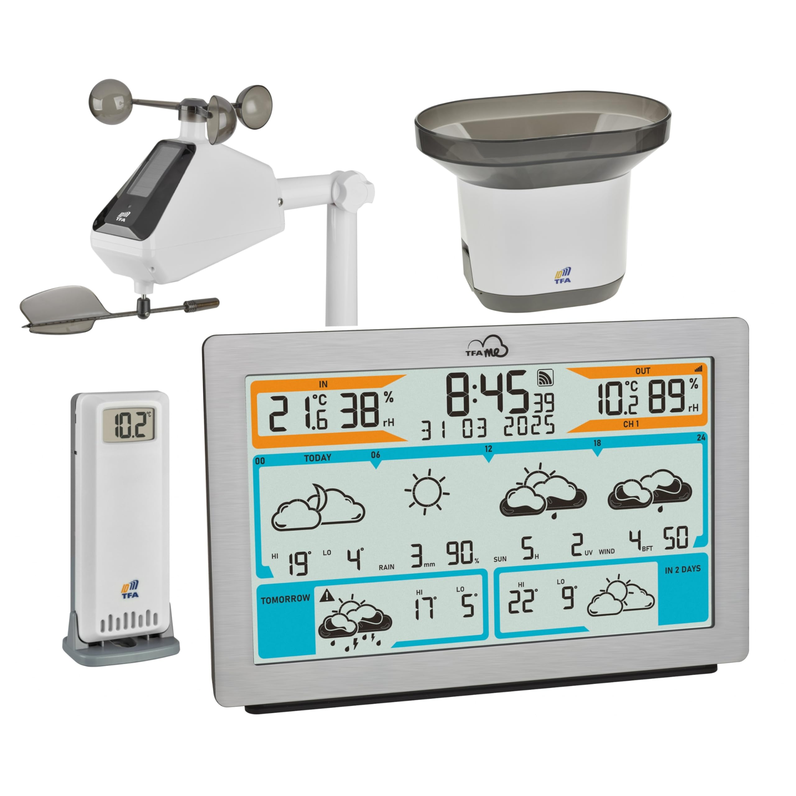 TFA Dostmann WLAN Wetterstation TFA.me ID-02, 35.8100.54.89 Profi-Wettervorhersage durch wetter.com 3 bis 6 Tage, Online-Portal, inkl Windmesser, Regenmesser, Thermo Hygrosender, Warnfunktion