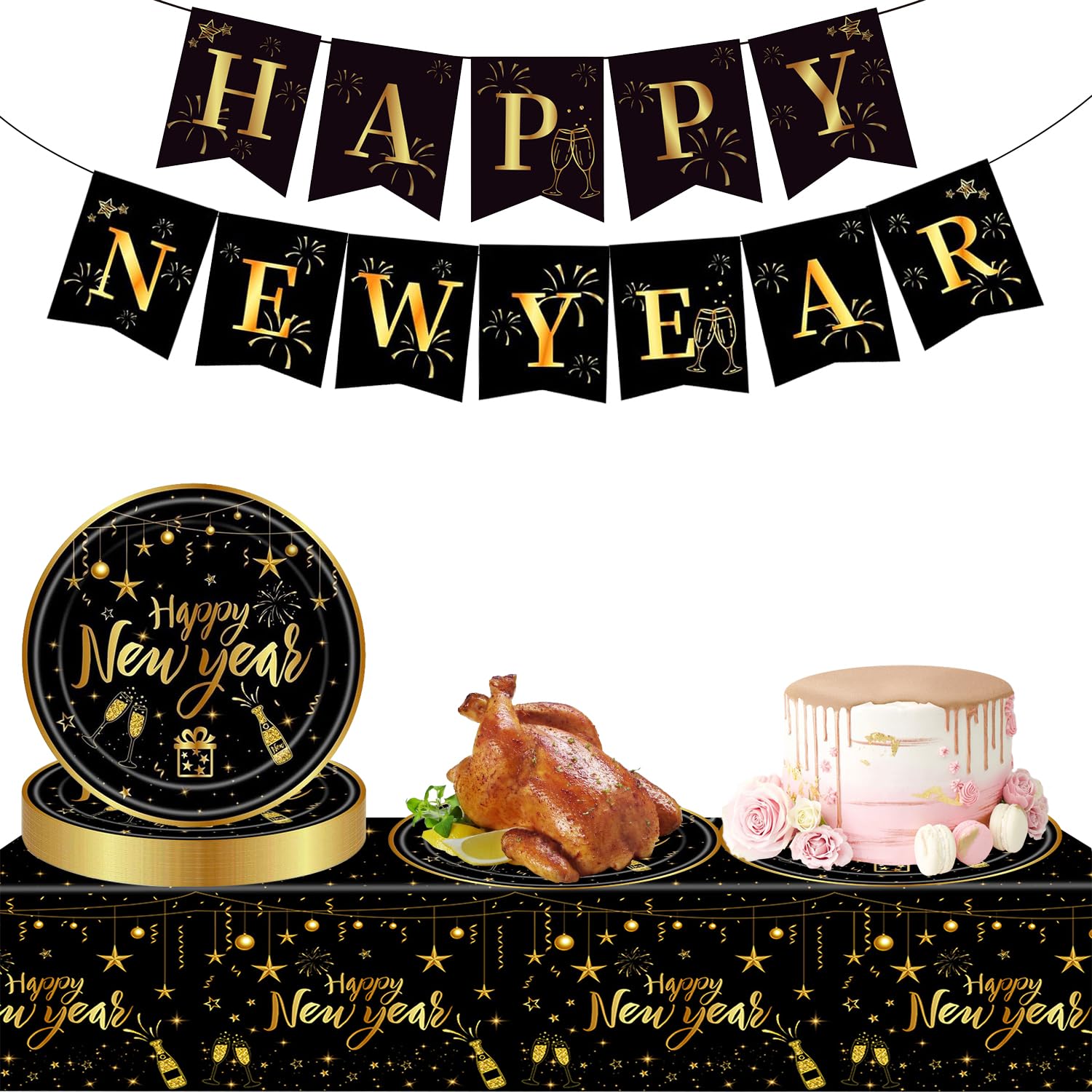 ePicsoa Happy New Year Party Tableware Banner Paper Plates Set, Black Gold Glitter 2024 New Years Eve Party Bunting, New Year Eve Paper Plates Tableware Decoration