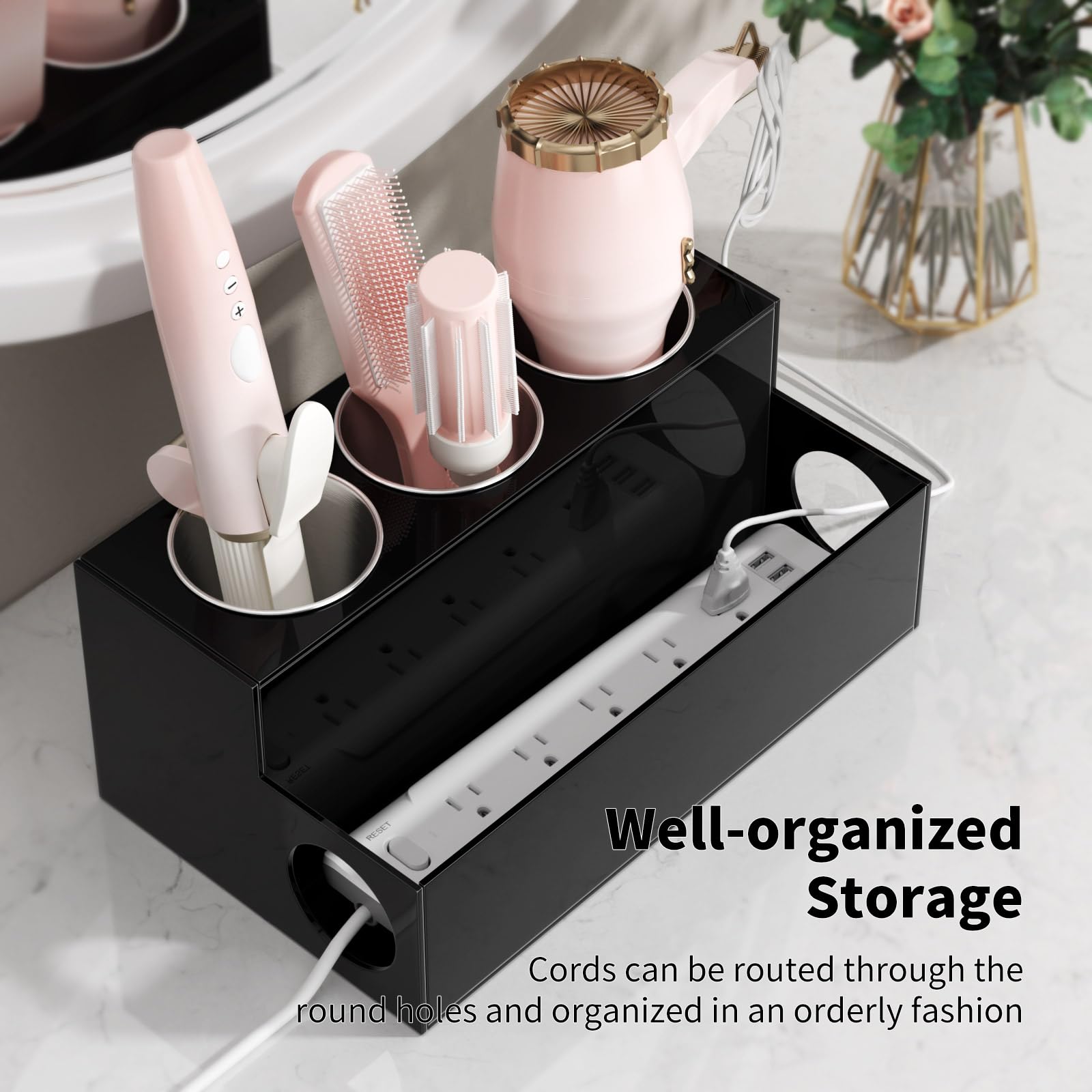 NIUBEE Organisateur d'outils pour cheveux, sèche-cheveux et coiffure, support de salle de bain en acrylique noir, support de sèche-cheveux pour comptoir de salle de bain, support de rangement pour