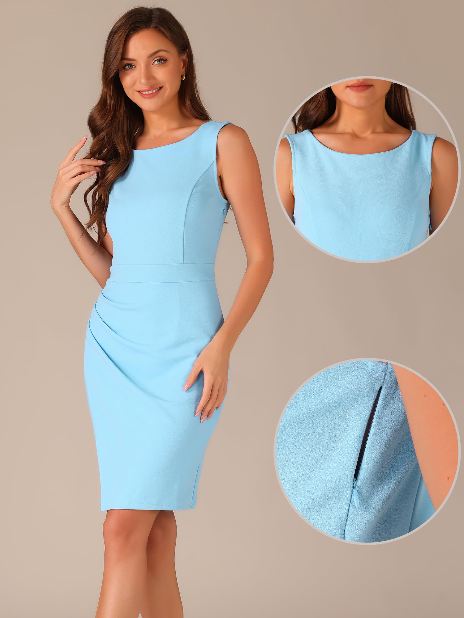 Allegra K Tubino Donna Elegante, Senza Maniche, Vestito da Ufficio, da Lavoro, Abito Aderente con Scollo A Barca Increspato