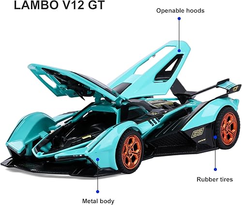 Miniatura 2 de SASBSC Coches de juguete Lambo V12 Coche deportivo de juguete con luz y sonido, modelos de coches de metal fundido para niños de 3+ años, coche de