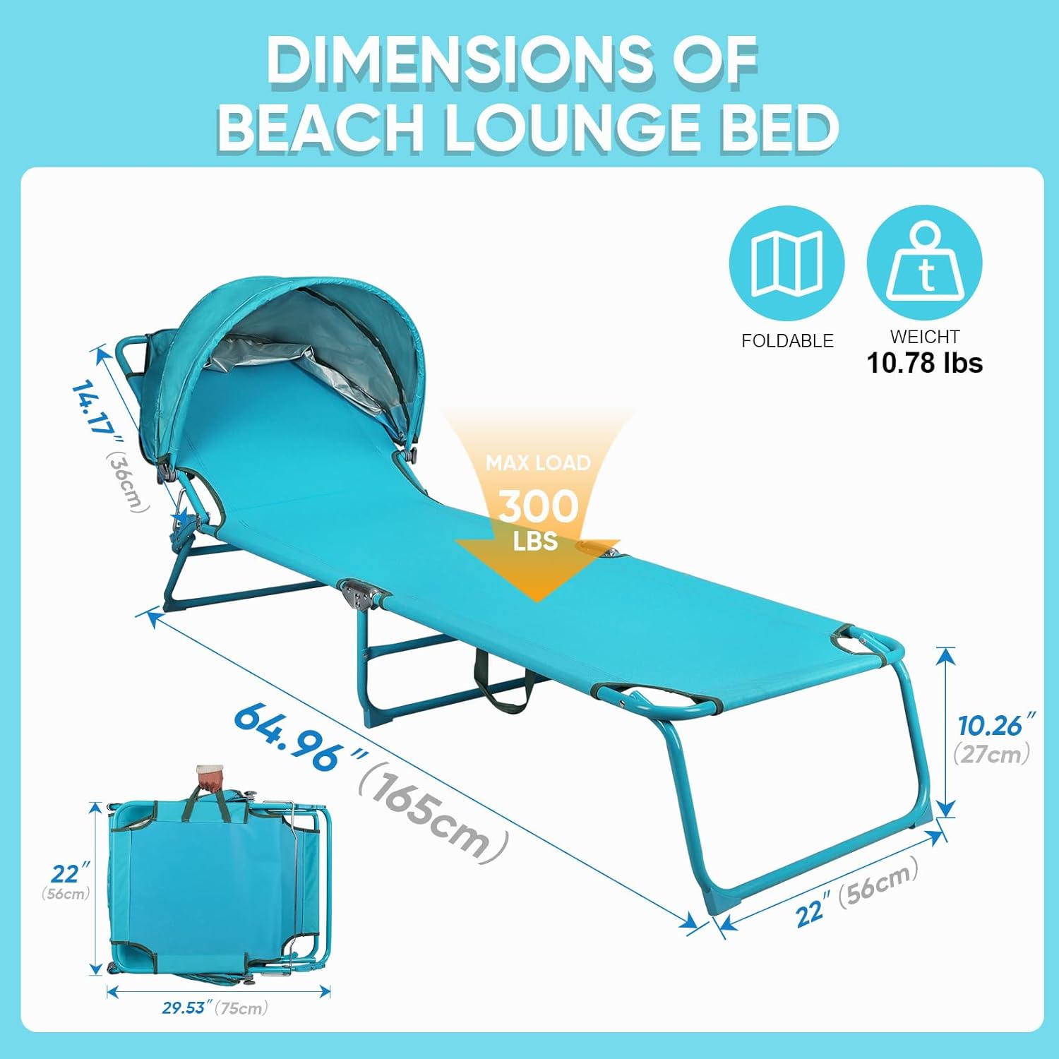 2 Pcs Oversized Chaise Lounge Chairs for Adults, Heavy Duty Folding Beach Loungers with Sun Shade, Portable Trifold Tanning Chairs with 3 Adjustable Positions for Beach Outdoor Camping, Blue