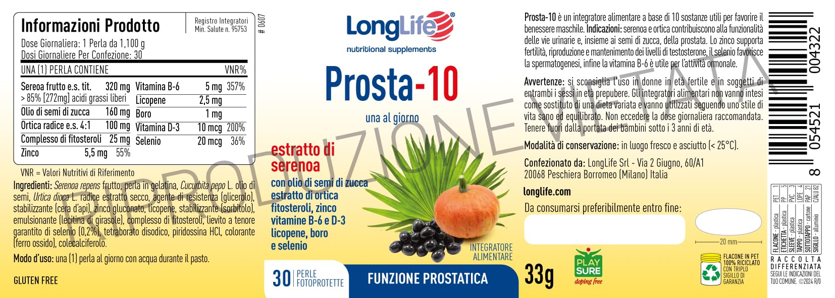 LongLife® Prosta-10 | Integratore di serenoa titolato all'85% in acidi grassi liberi | Con estratti vegetali e vitamine | Prostata e vie urinarie | 1 mese di trattamento | Senza glutine