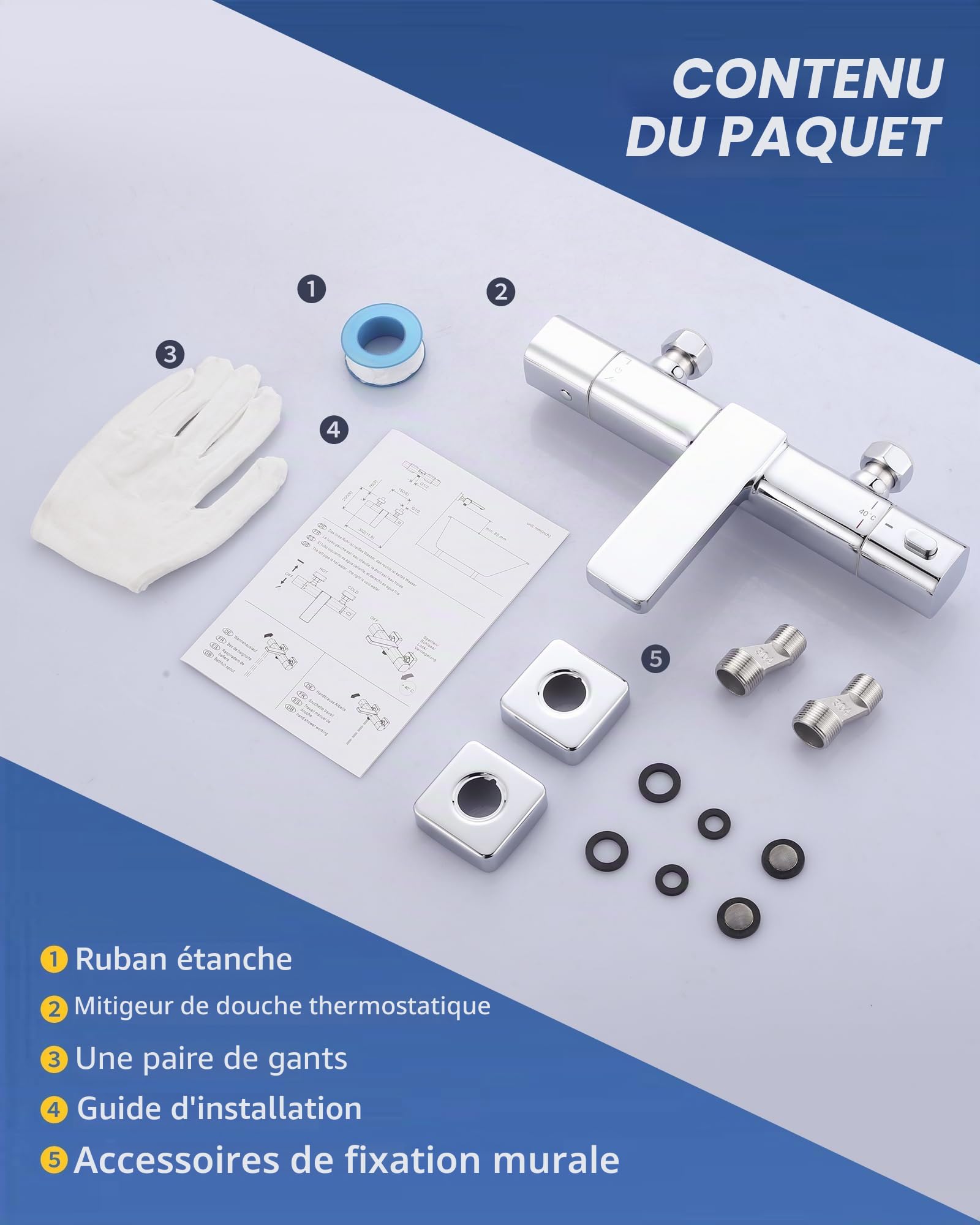 mitigeur baignoire thermostatique mitigeur baignoire | Mitigeur bain douche thermostatique laiton 2 en 1, protection anti-brûlure, raccord G1/2