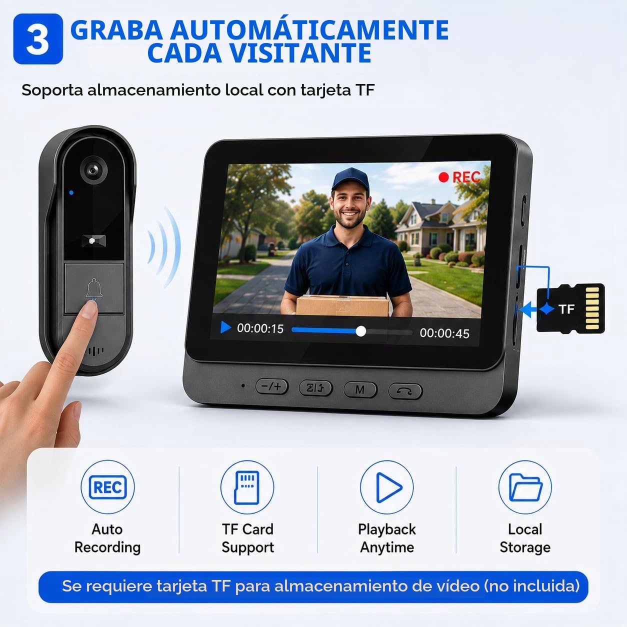 Timbre inalámbrico con cámara 1080P - Videoportero inalámbrico exterior impermeable con pantalla IPS de 4.3 Visión Nocturna Audio Bidireccional Seguridad en el hogar sin suscripción sin APP sin WiFi