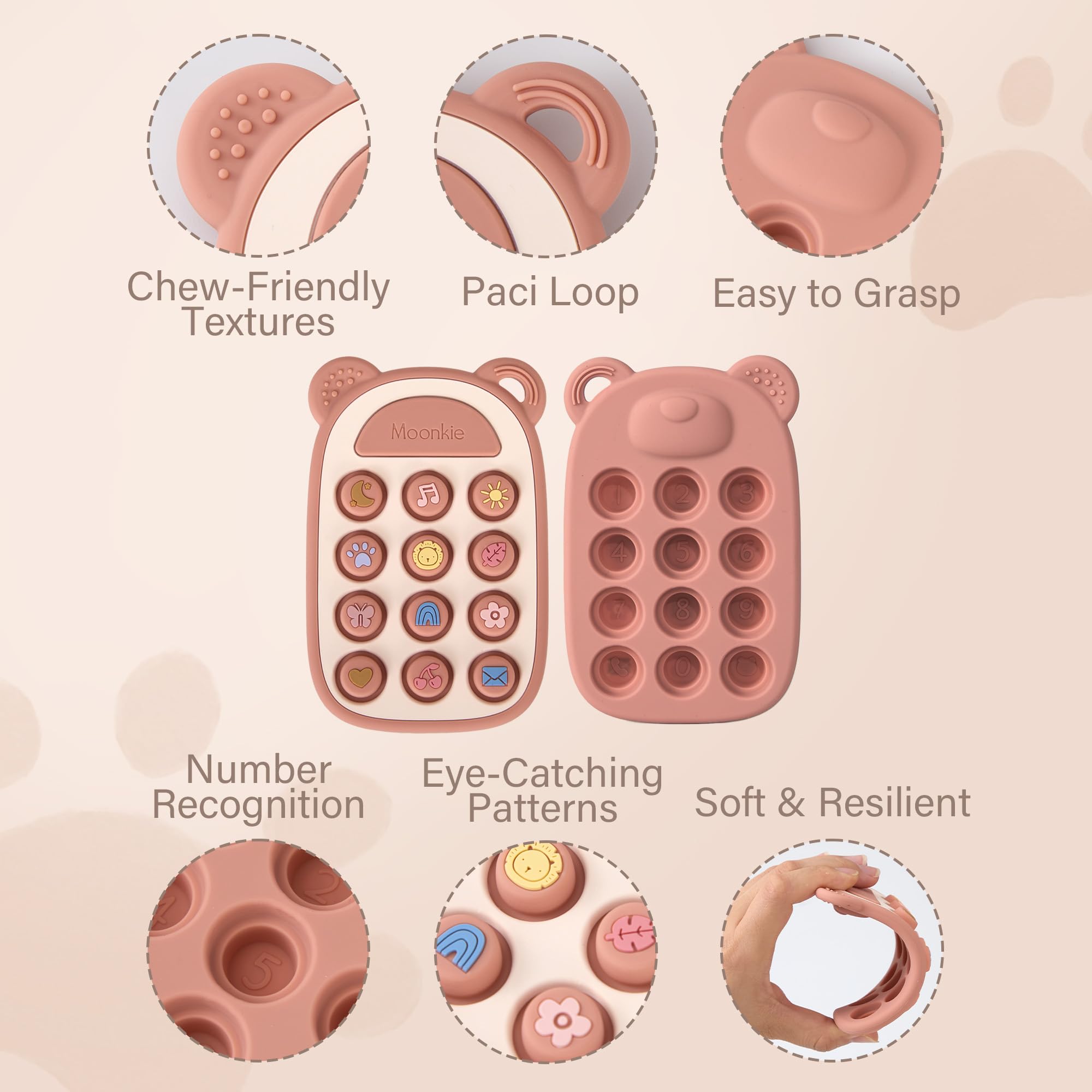Moonkie Giochi Dentizione Neonato, Telefono in Silicone per 3 Mesi+, Giochi Bambini Pop It, Senza BPA, Giochi Montessori, Massaggia Gengive Neonati, Regalo Neonato Maschio & Femmina(Blush)