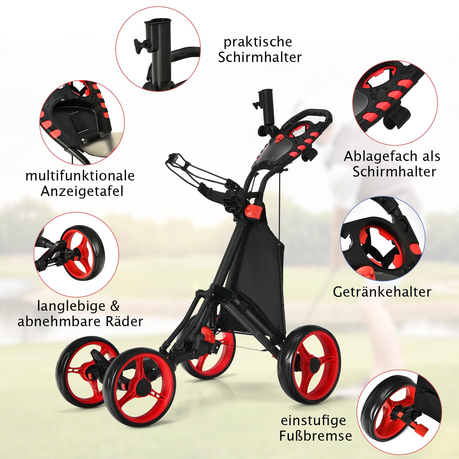 COSTWAY Golf Trolley, 4 Rad Golftrolley, Golfwagen klappbar, Golfcaddy aus Aluminum, Golfcaddy mit Schirmhalter, T-Stückhalterung und Aufbewahrungstasche