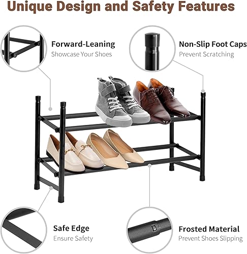Miniatura 4 de ikloo Zapatero expandible de 2 niveles  Organizador de almacenamiento apilable  Zapatero ajustable para entrada, armario, puerta y garaje, negro