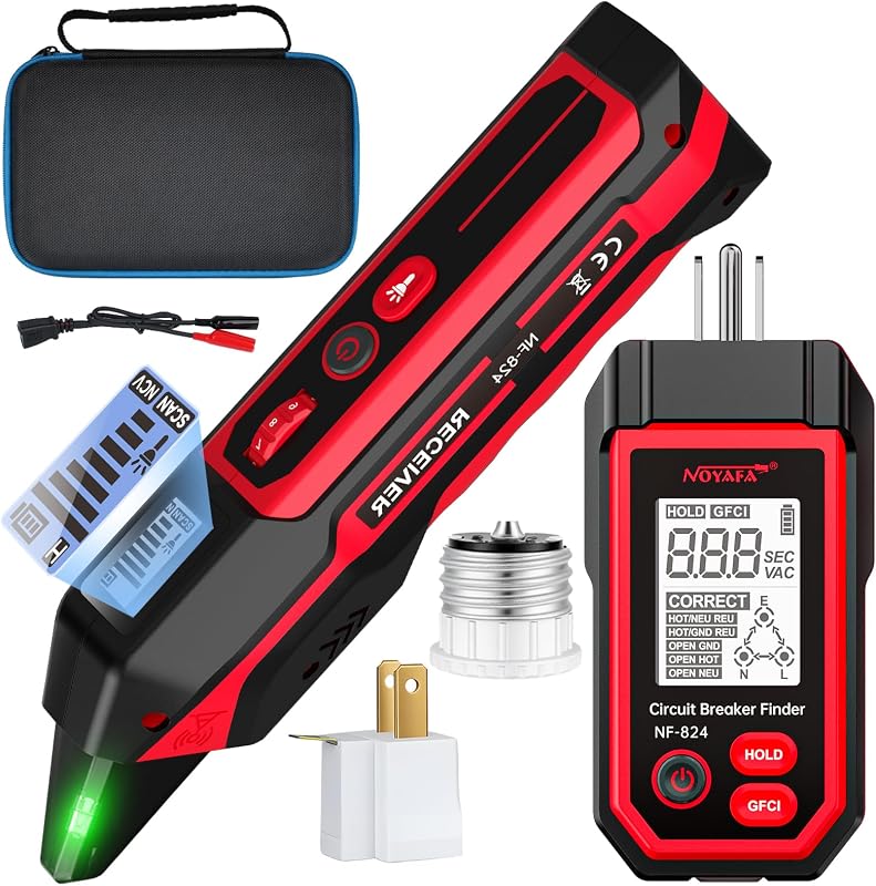 NOYAFA NF-824 Circuit Breaker Finder with LCD Display & GFCI Outlet Tester | Rechargeable NCV AC Electric Tester Circuit Tracer Tool with Flashlight & Adjustable Sensitivity