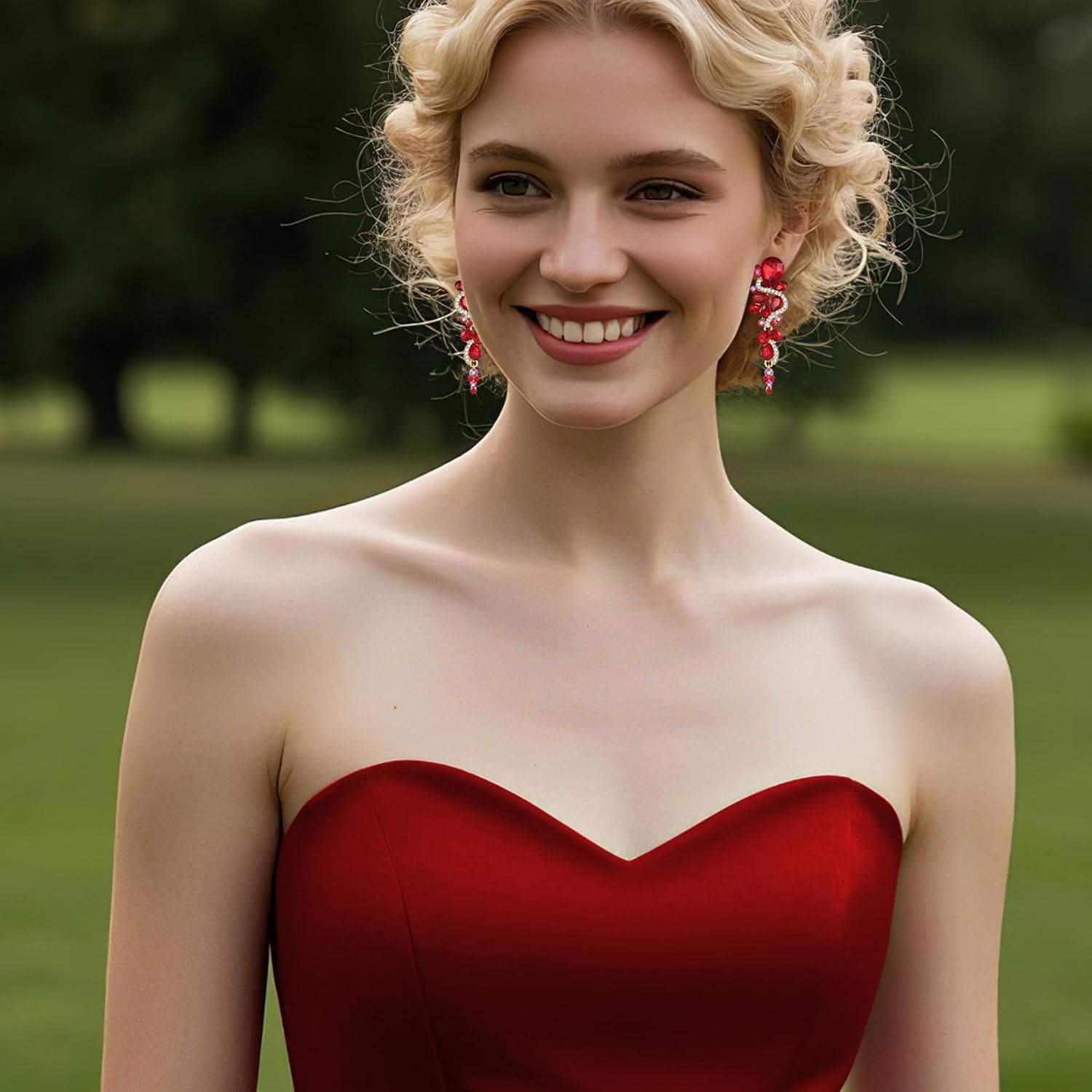 BriLove Wedding Bridal Clip-On Earrings for Women Bohemian Boho Crystal Multiple Teardrop Chandelier Dangle Jewelry Ruby Color Gold-Toned - Image 3