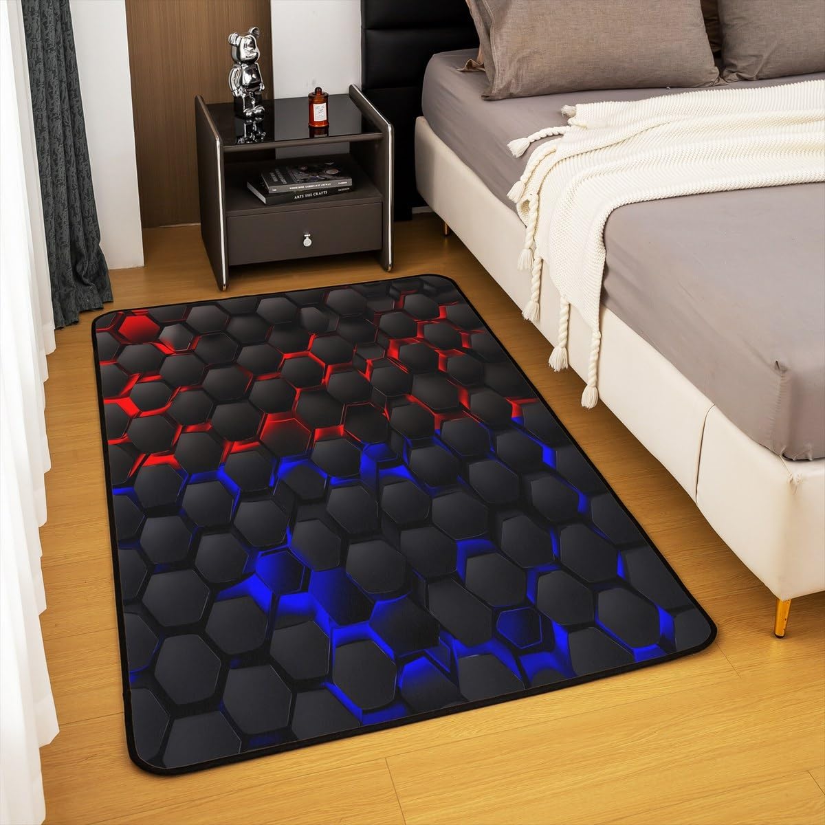 jejeloiu Honeycomb Indoor Floor Mat Boys Girls Area Rug 3x5 Hexagonal Living Room Rugs for Kids Women Men Ombre Blue Red Accent Rug Geometrical Decorative Rug