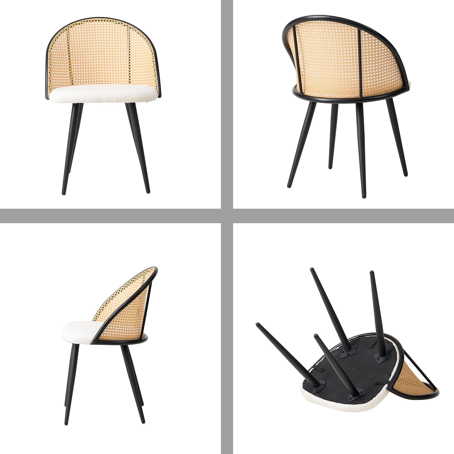 Set di 4 Sedie da Pranzo, Schienale in Rattan Intrecciato, Seduta in Peluche Granuloso, Struttura in Metallo Nero, Possono Essere Utilizzate come Sedie da Cucina, Sedie da Soggiorno - 3#