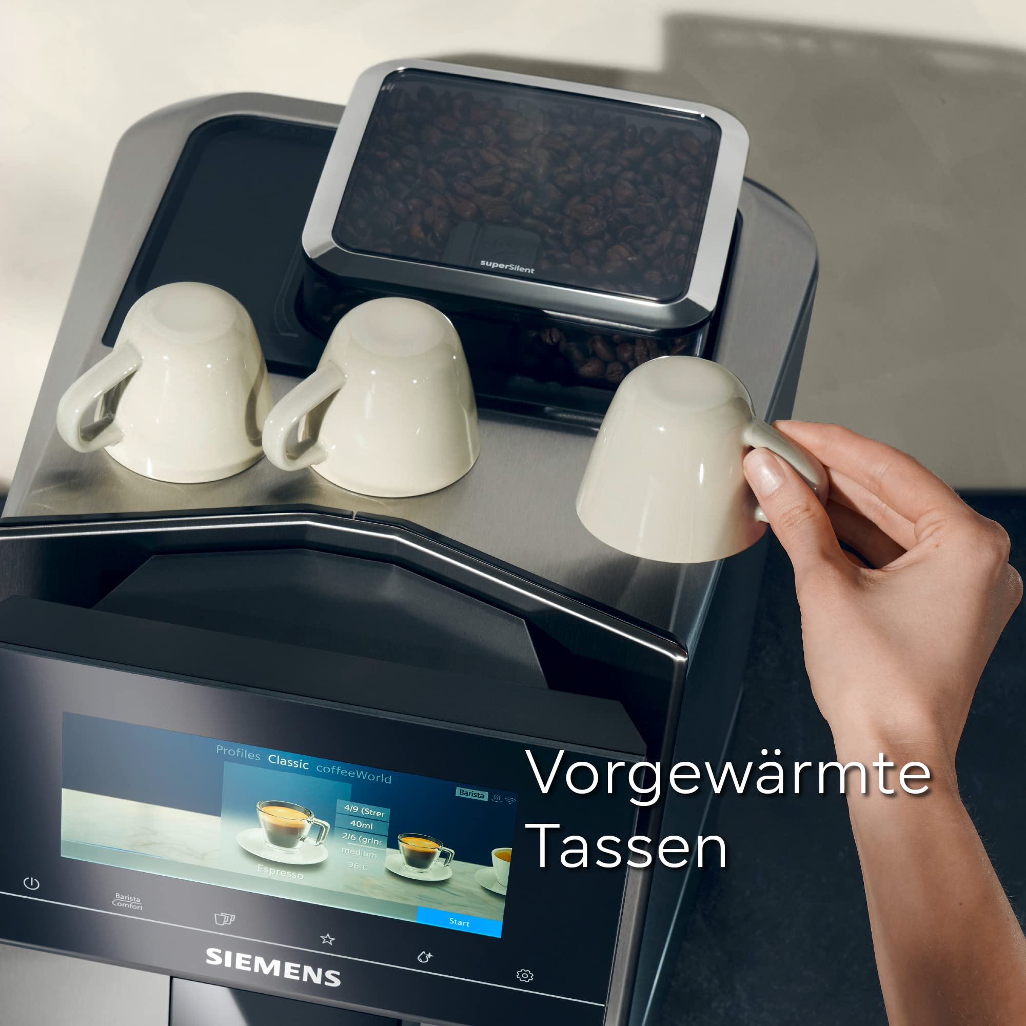 Siemens TQ903D03 W pełni automatyczny ekspres do kawy EQ.900, pojemnik na ziarna, HomeConnect, wyświetlacz Full Touch o wysokiej rozdzielczości 6,8", ciche przygotowywanie, stal nierdzewna
