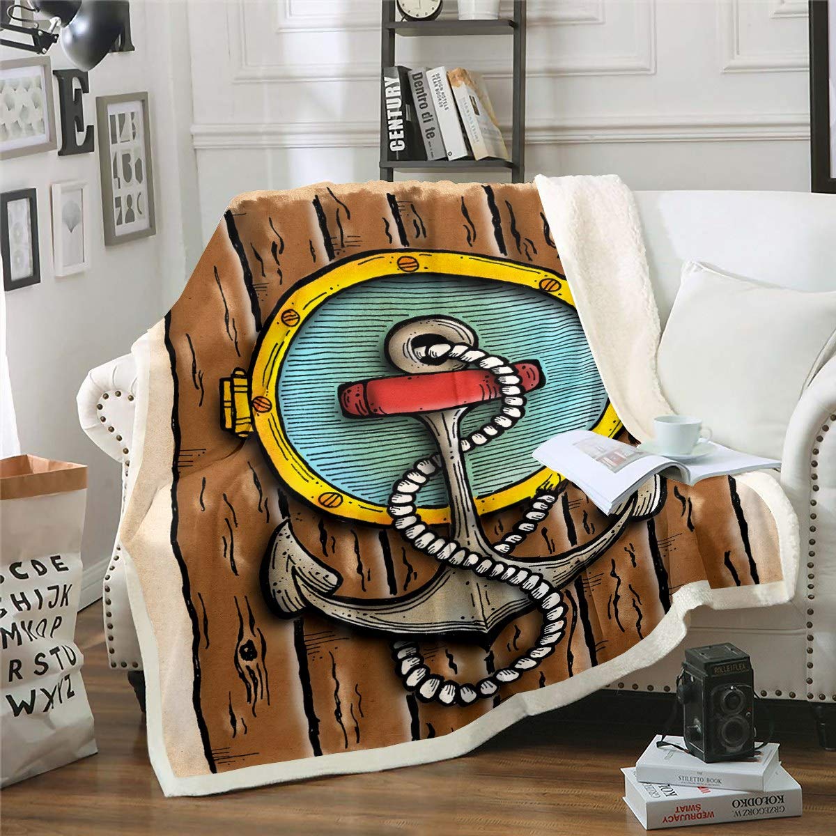 Anchor Fleece Throw Blanket Ocean Nautical Anchor Sherpa Blanket for Kids Boys Girls Vintage Retro Style Plush Blanket Yellow Brown Fuzzy Blanket for Sofa Bed Couch,Baby 30x40 Inch — image 1