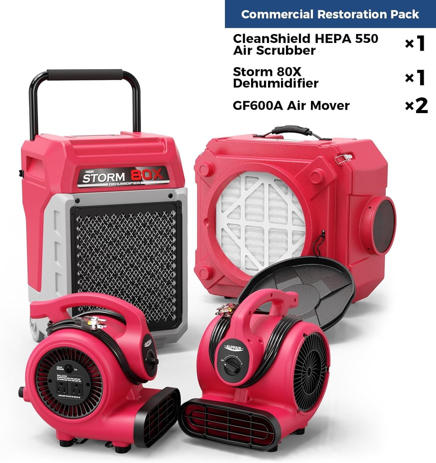 ALORAIR Water Damage Restore Pack with Commercial Dehumidifier, HEPA Air Scrubber, Air Movers for Flood Repair, Winter Storm Moisture Remove, Basement, Industrial Usage.