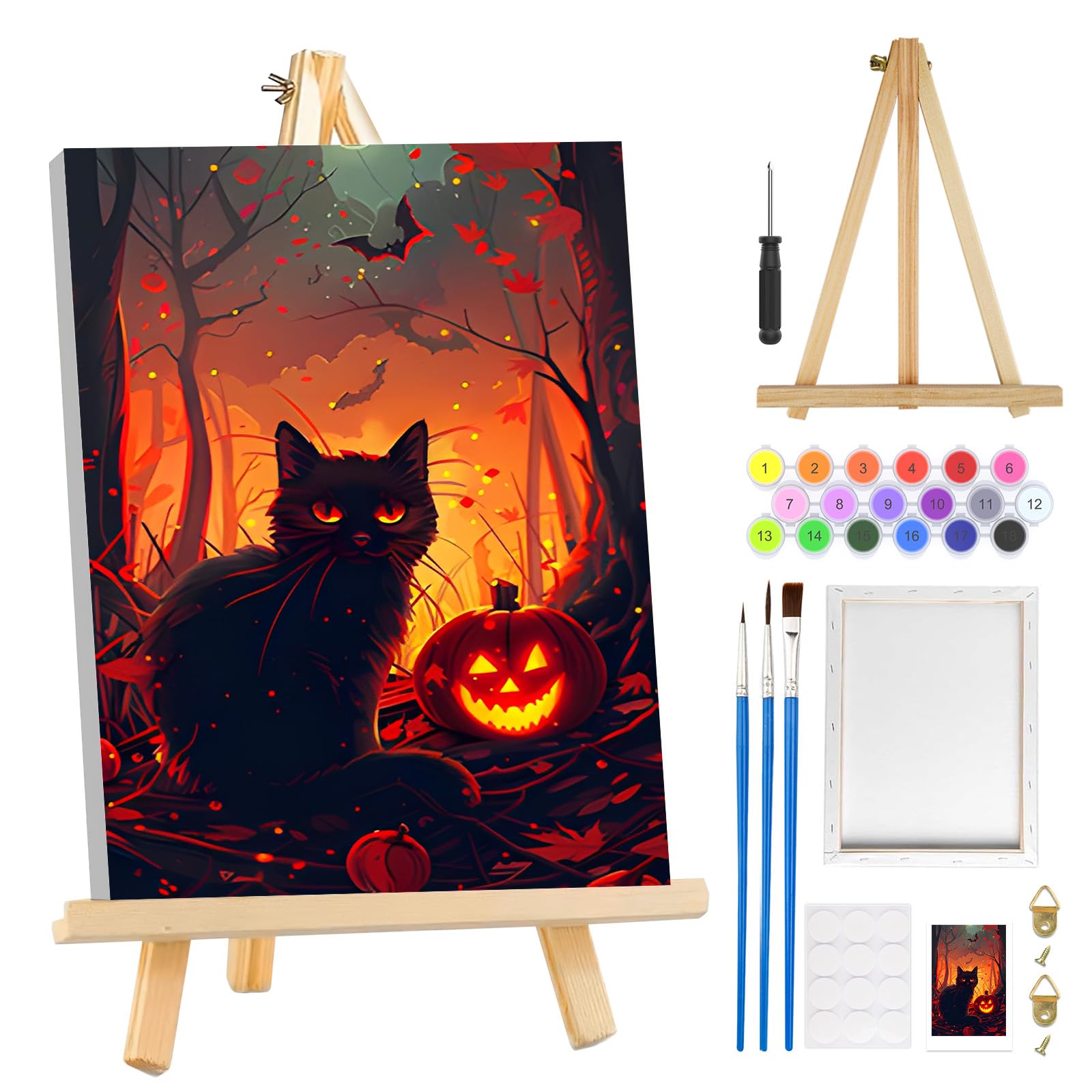 MOGTAA Halloween Paint by Numbers for Adults Beginners with Frame, Pumpkin Painting by Numbers for Adults with Easel, Easy DIY Black Cat Oil Painting Kits Art Crafts for Home Decor, 8x12in