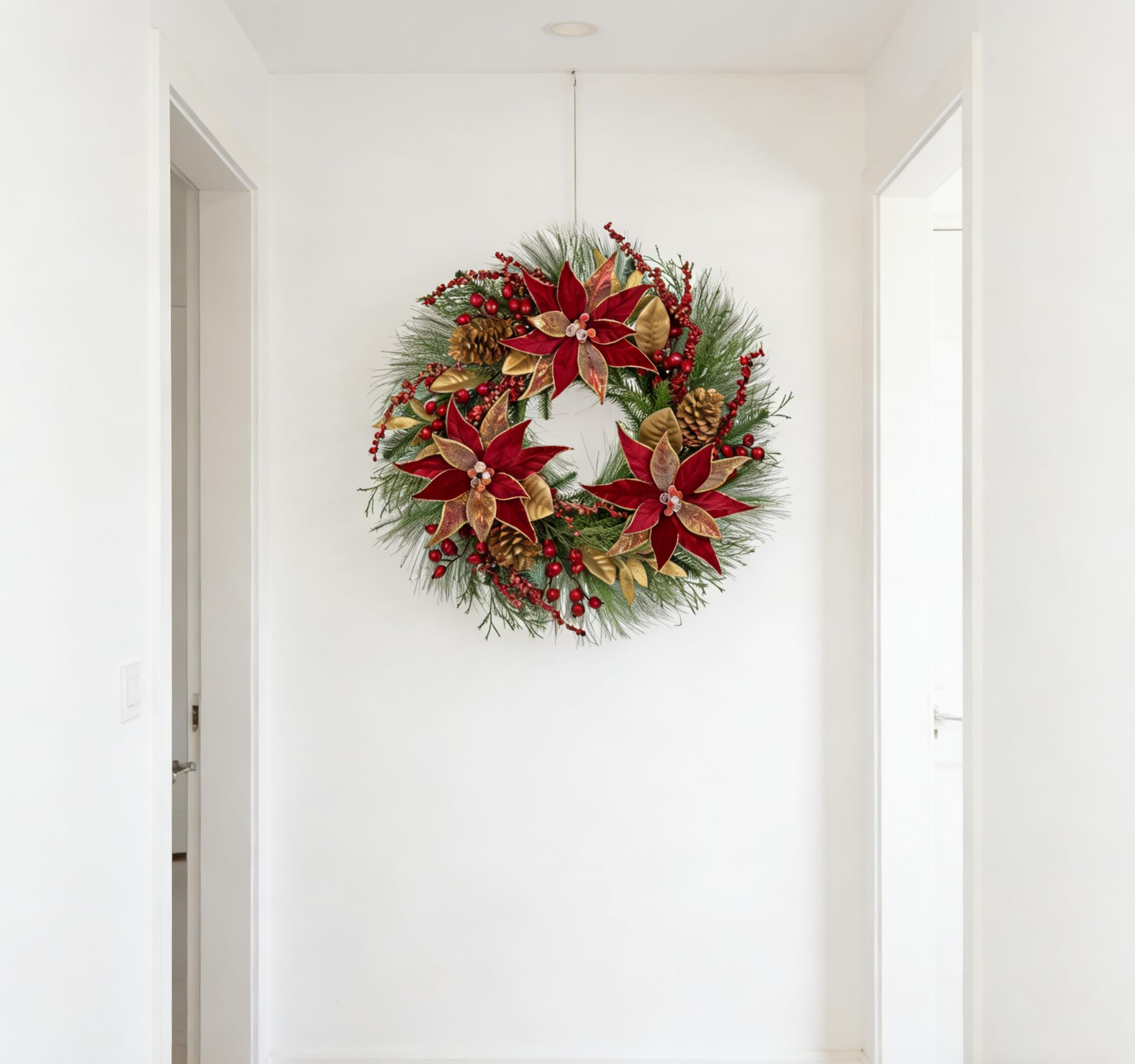 Arbrous - Corona de Navidad para puerta delantera, coronas de Navidad de 24 pulgadas, corona de Navidad con flores rojas de pascua, conos de pino, bayas, hojas de magnolia, coronas de invierno para
