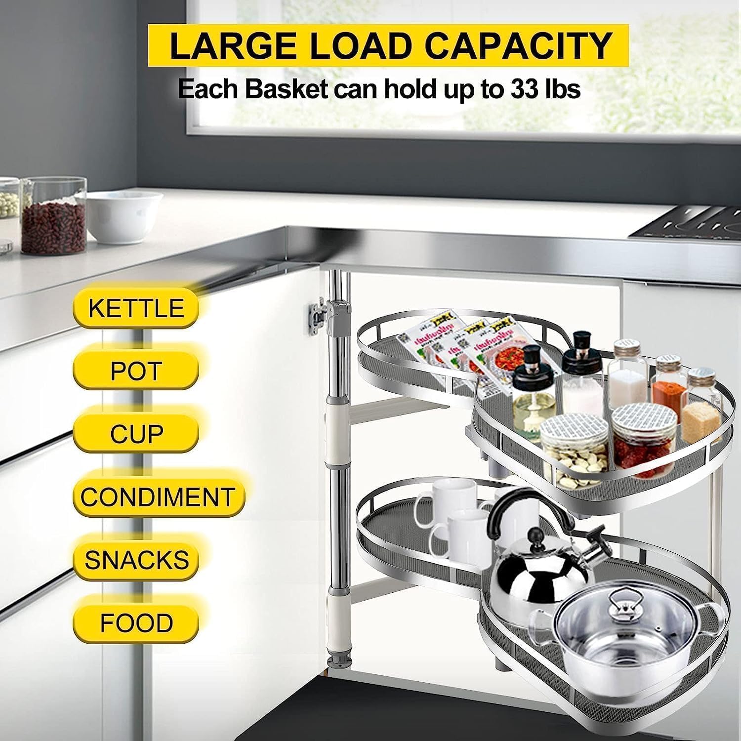 Organizer Estraibile per Angolo cieco per Mobile da Cucina, Vassoio Girevole a 2 Livelli, per Apertura a Sinistra, Organizer Estraibile per Angolo cieco per 20 mobili, per mobili da 900-1000 mm -
