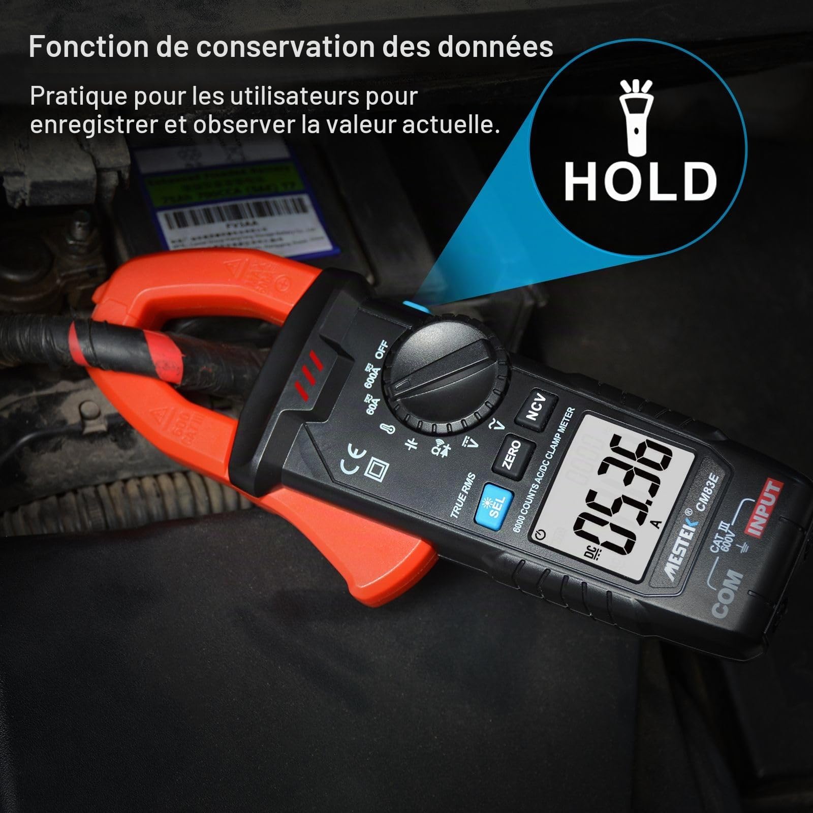 MESTEK Pince Ampèremétrique Numérique AC/DC, 600A Multimètre Automatique T-RMS 6000counts, Voltmètre Amperemetre Mesure Courant Tension Résistance Température Diode Continuité Hz Capacité NCV