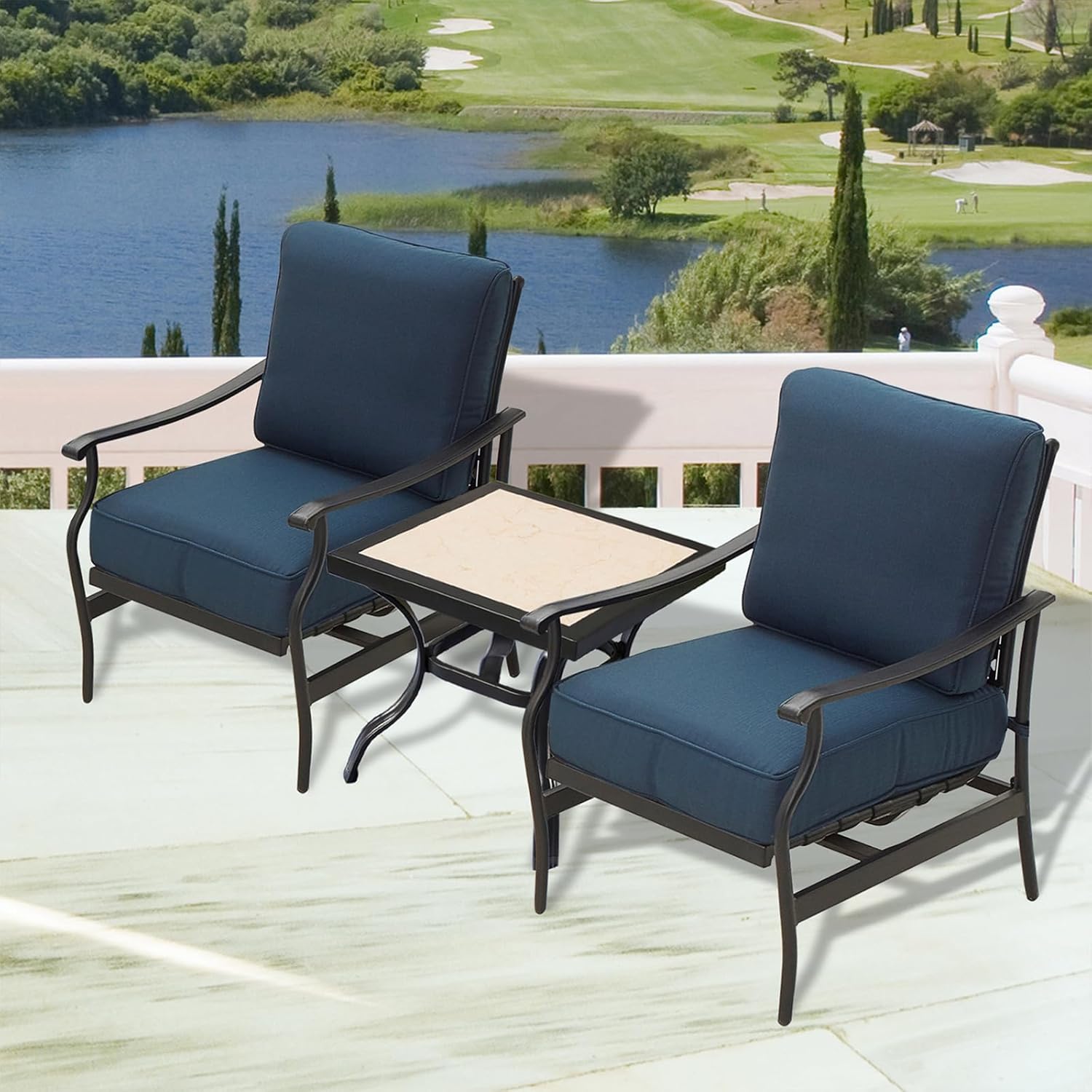 Patio Conversation Set Outdoor Bistro Sets Modern Cushioned Chairs with 5.1 Inch Thick Seat Cushions (3 Pcs, Blue)