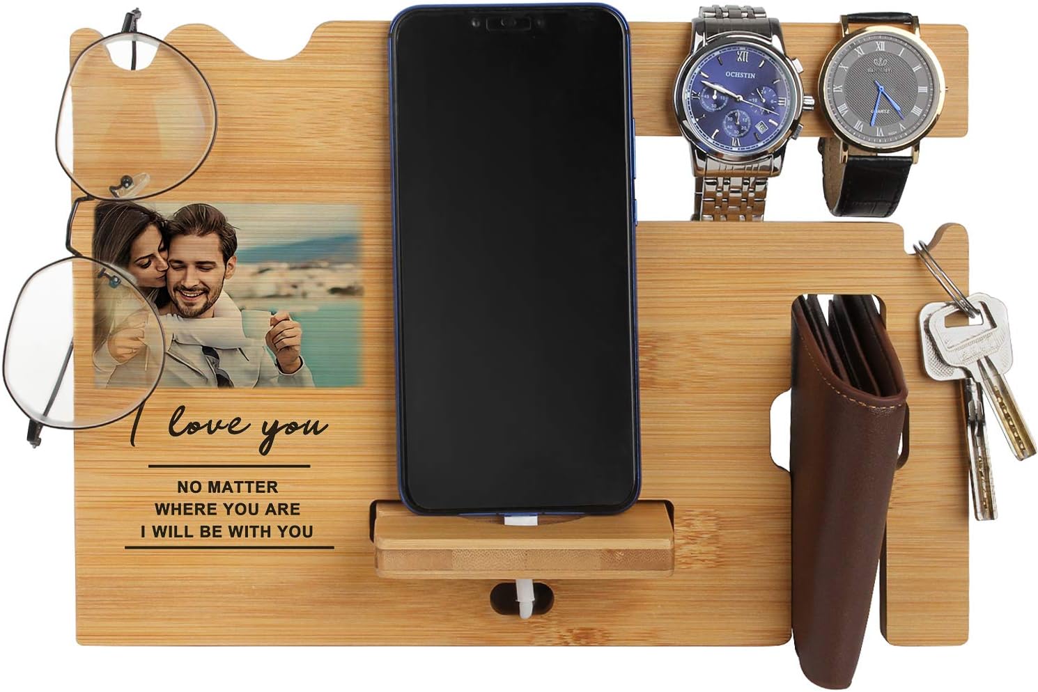 Custom Wood Phone Docking Station for Men Personalized - Valentine's Day Gift for Him - Gifts for Anniversary Husband Boyfriend - Birthday Idea for Dad, Son, Grandpa