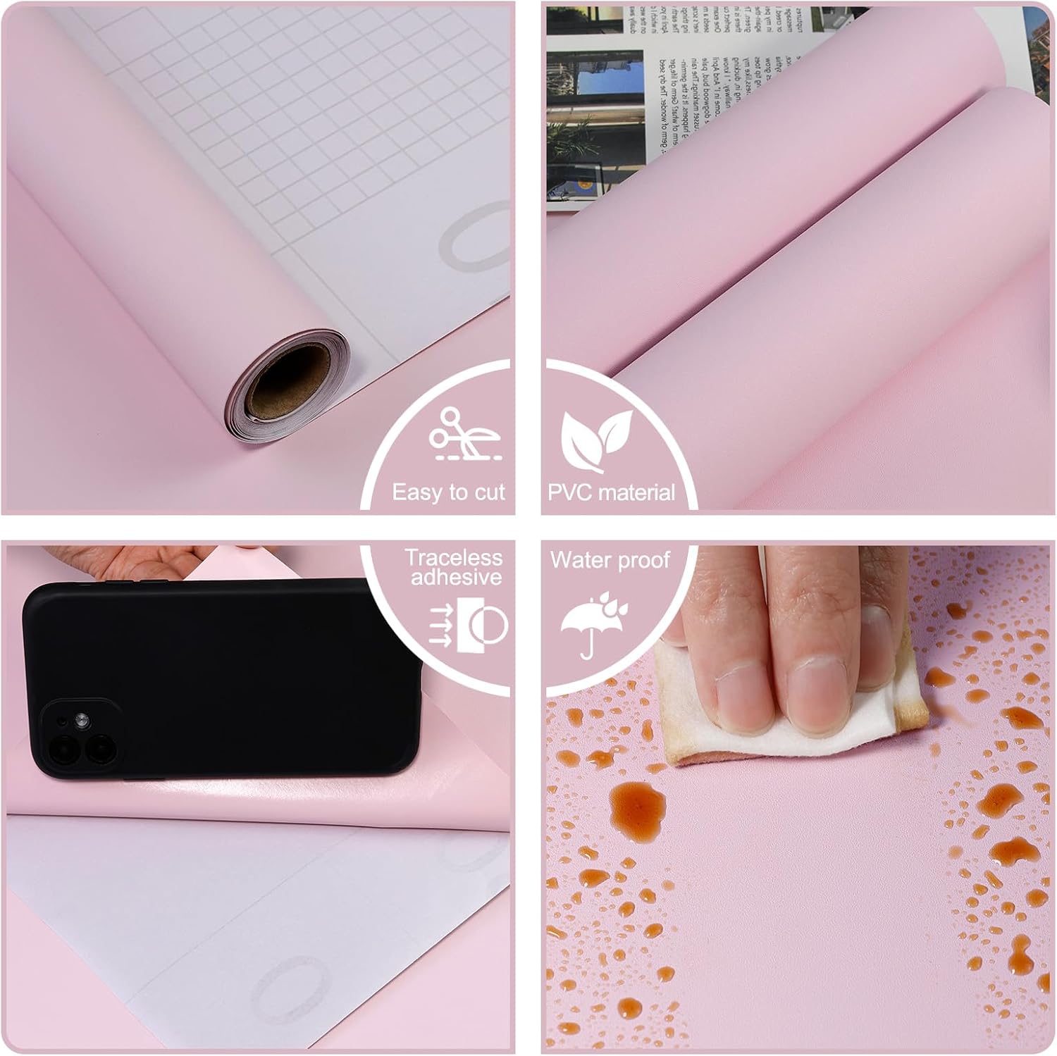 CAX Pink Peel and Stick Wallpaper 15.7"x472" Solid Color Contact Paper Modern Self-Adhesive Renovate Wall Paper Solid Pink Peel and Stick Wallpaper Waterproof Rustic Wallpapers for Bed Room Cabinets