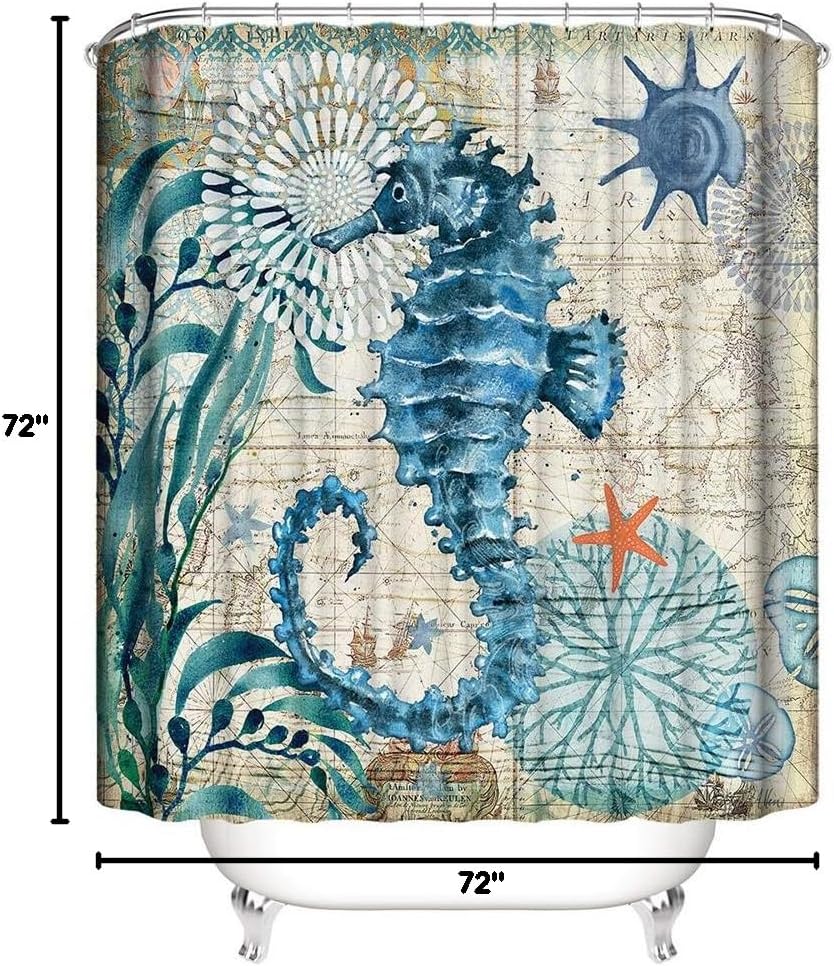 Ocean Seahorse Shower Curtain with Hooks Waterproof Polyester Bathroom Curtain or Liner for Shower Stall, Bathtubs